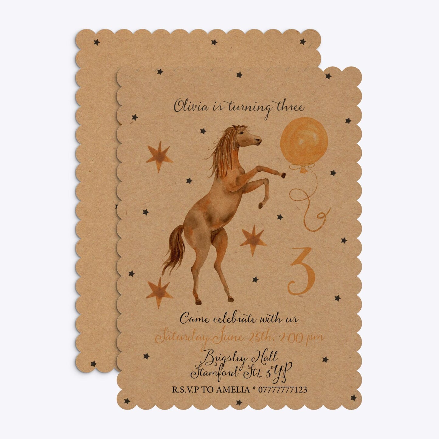 Personalised Horse Happy Birthday Scalloped Invitation Kraft Front and Back Image