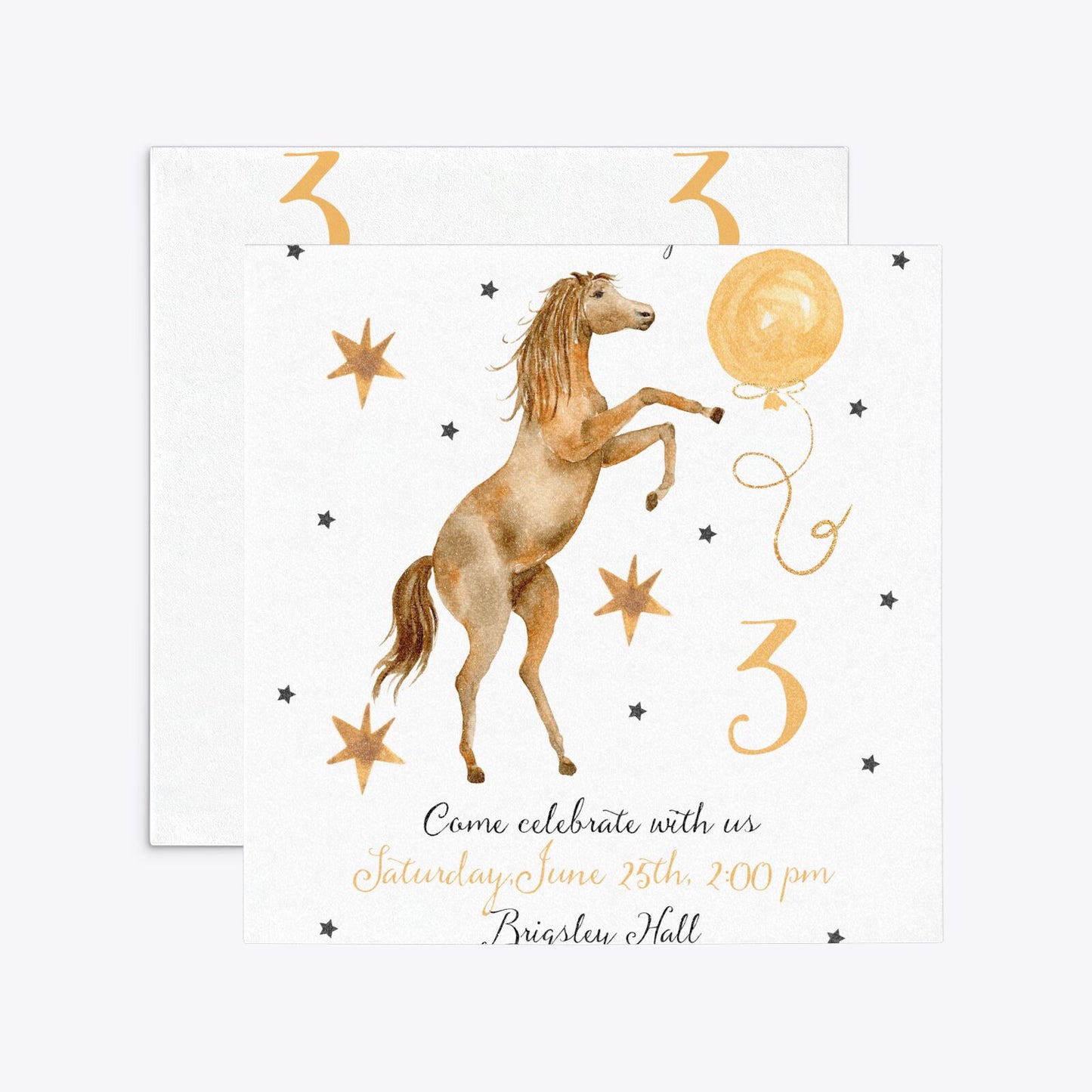 Personalised Horse Happy Birthday Square 5 25x5 25 Invitation Glitter Front and Back Image