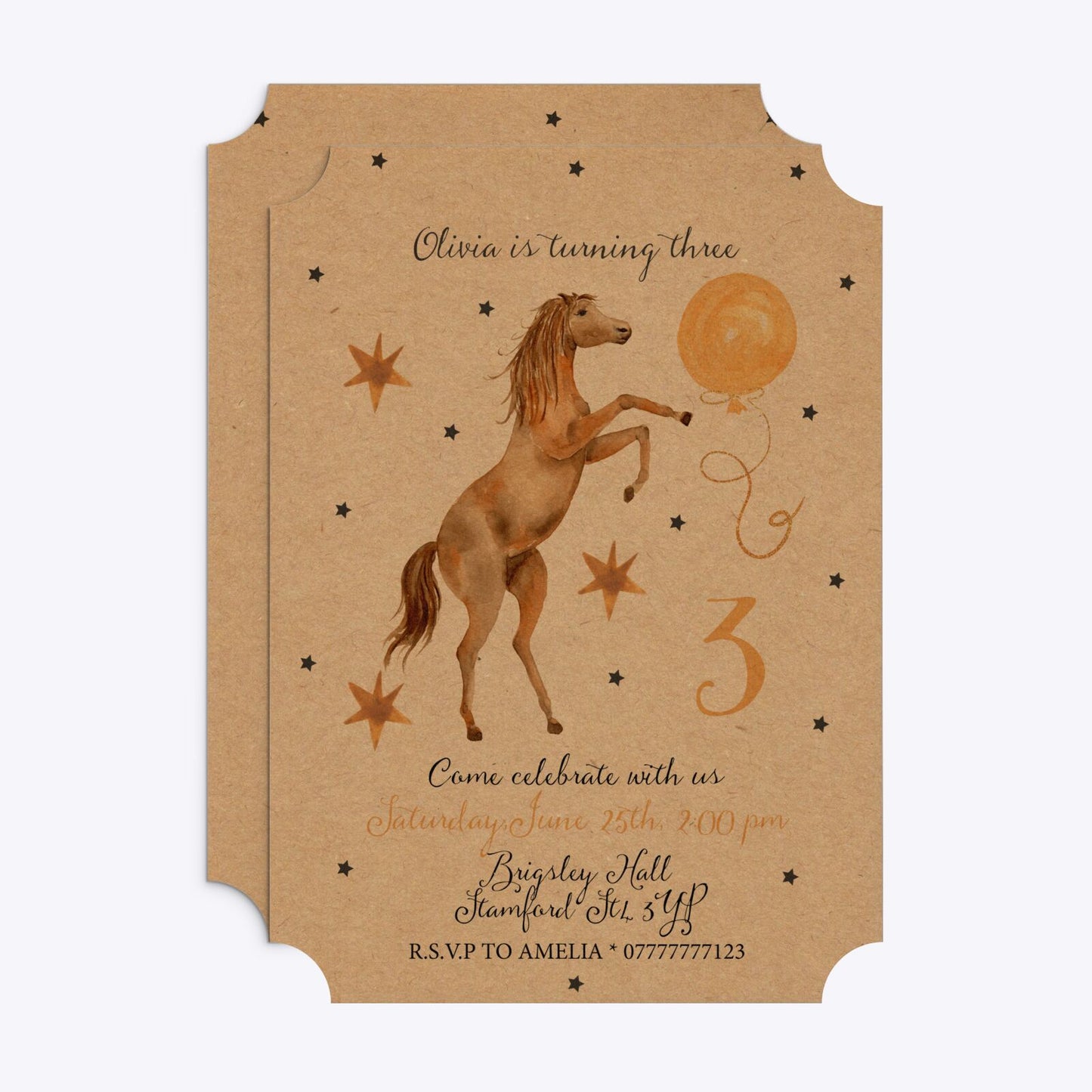 Personalised Horse Happy Birthday Ticket Invitation Kraft Front and Back Image
