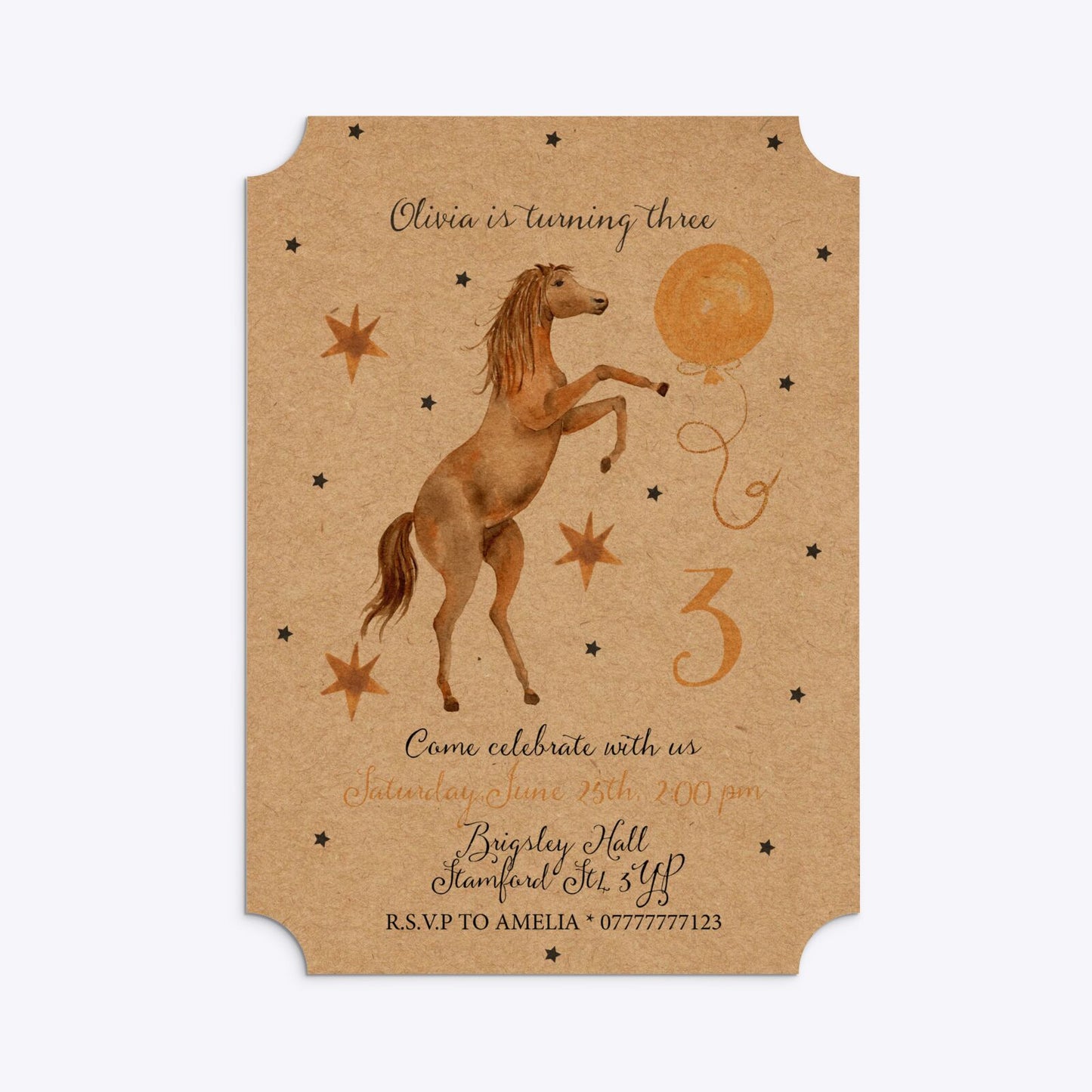 Personalised Horse Happy Birthday Ticket Invitation Kraft