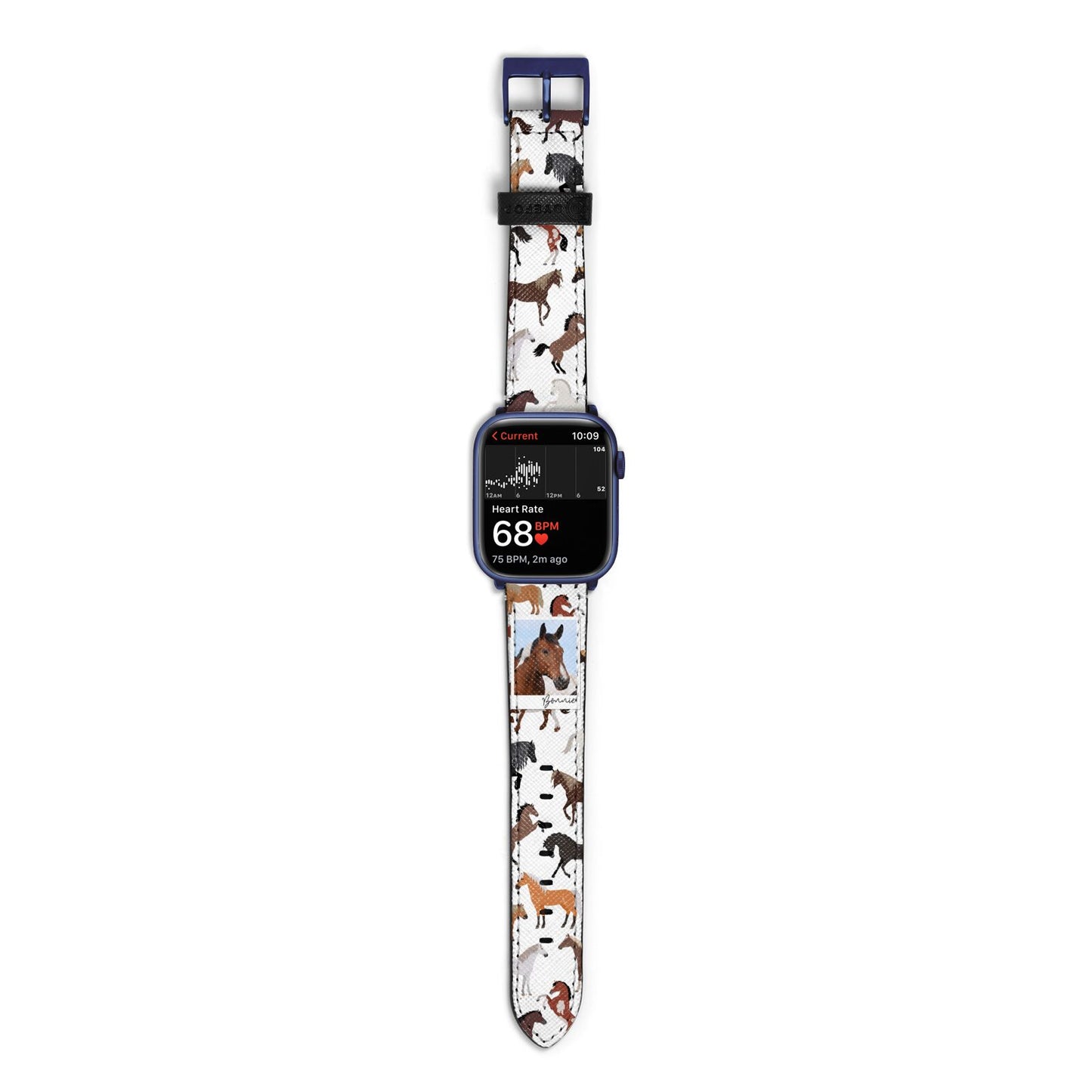 Personalised Horse Photo Apple Watch Strap Size 38mm with Blue Hardware