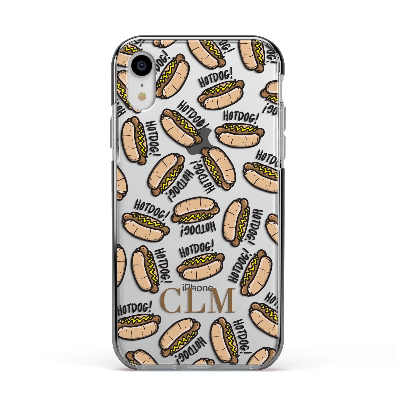 Personalised Hot Dog Initials Apple iPhone XR Impact Case Black Edge on Silver Phone