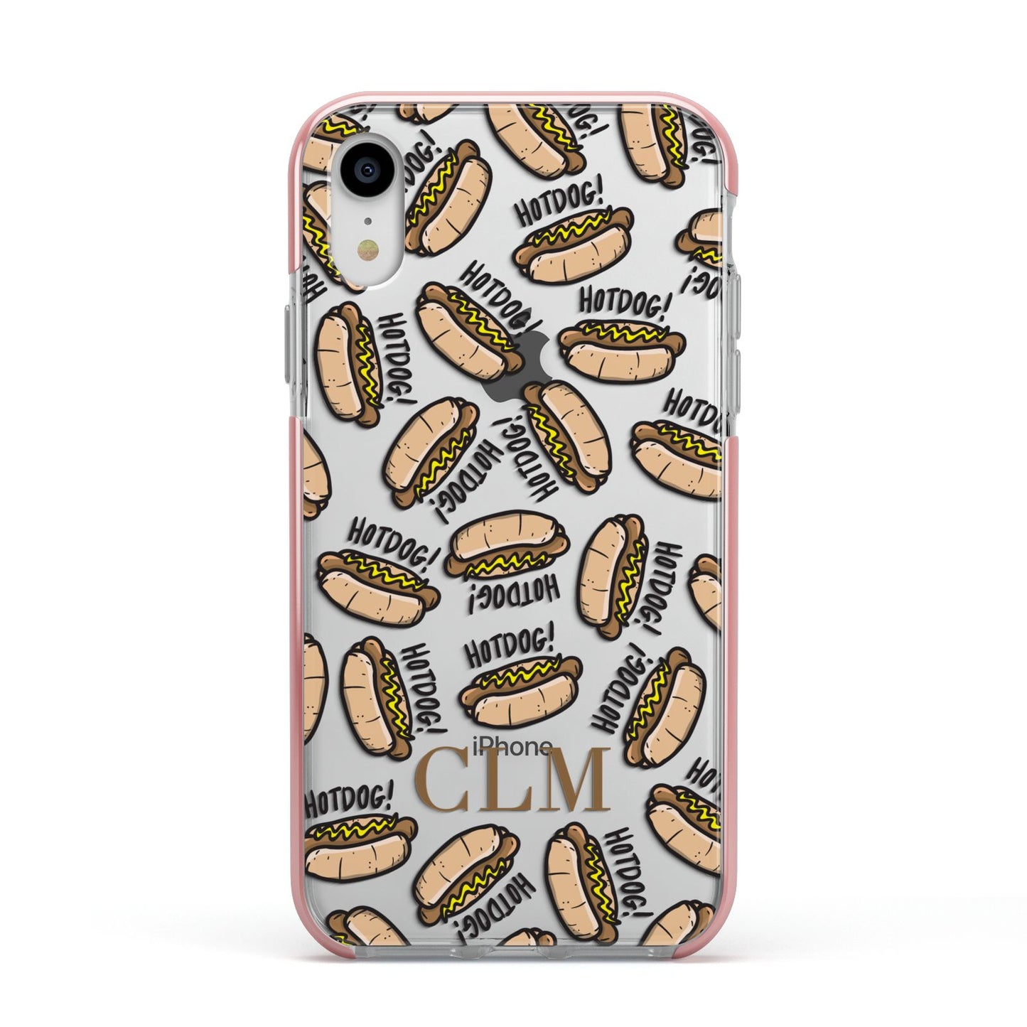 Personalised Hot Dog Initials Apple iPhone XR Impact Case Pink Edge on Silver Phone