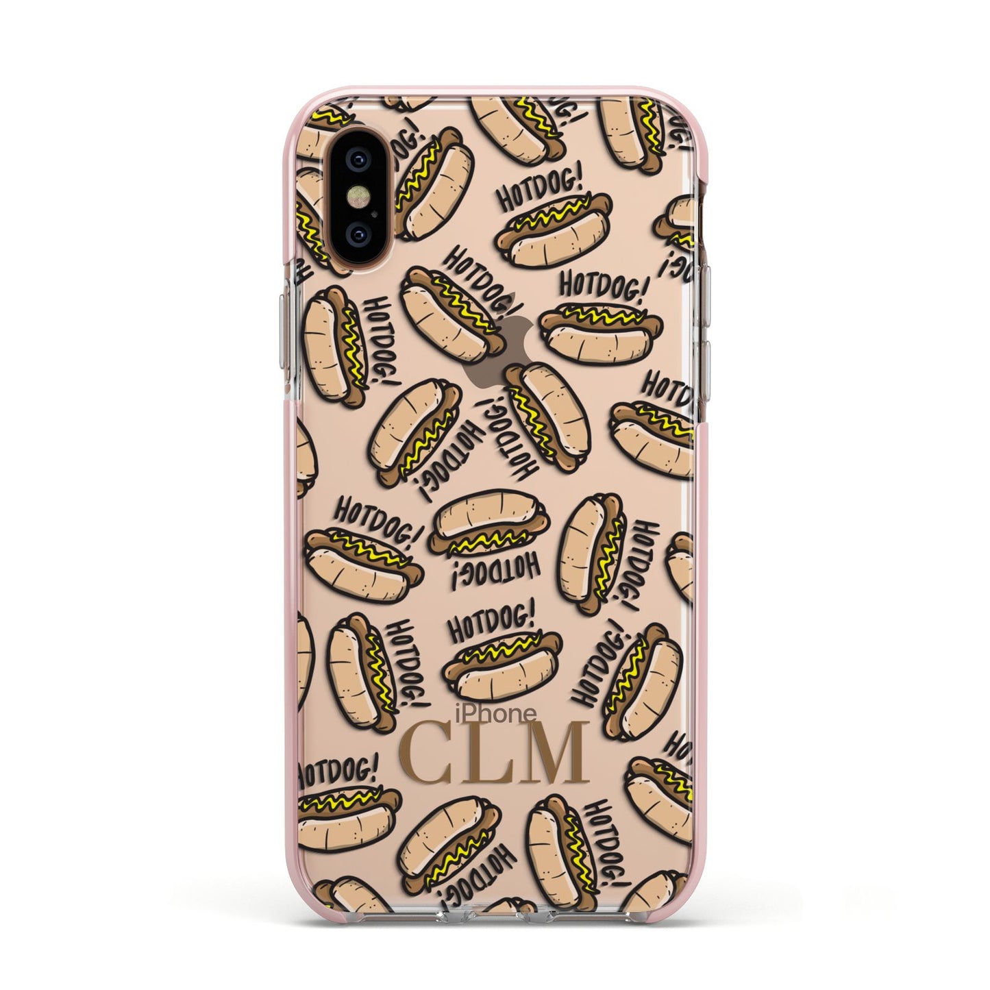 Personalised Hot Dog Initials Apple iPhone Xs Impact Case Pink Edge on Gold Phone