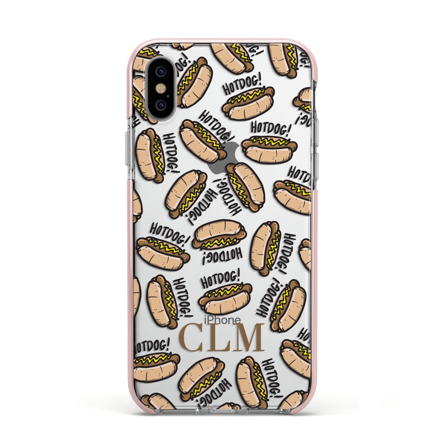 Personalised Hot Dog Initials Apple iPhone Xs Impact Case Pink Edge on Silver Phone