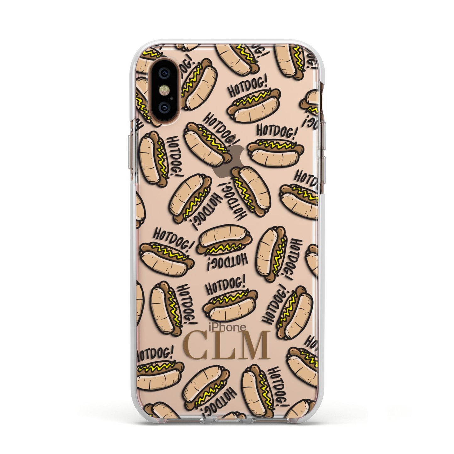 Personalised Hot Dog Initials Apple iPhone Xs Impact Case White Edge on Gold Phone