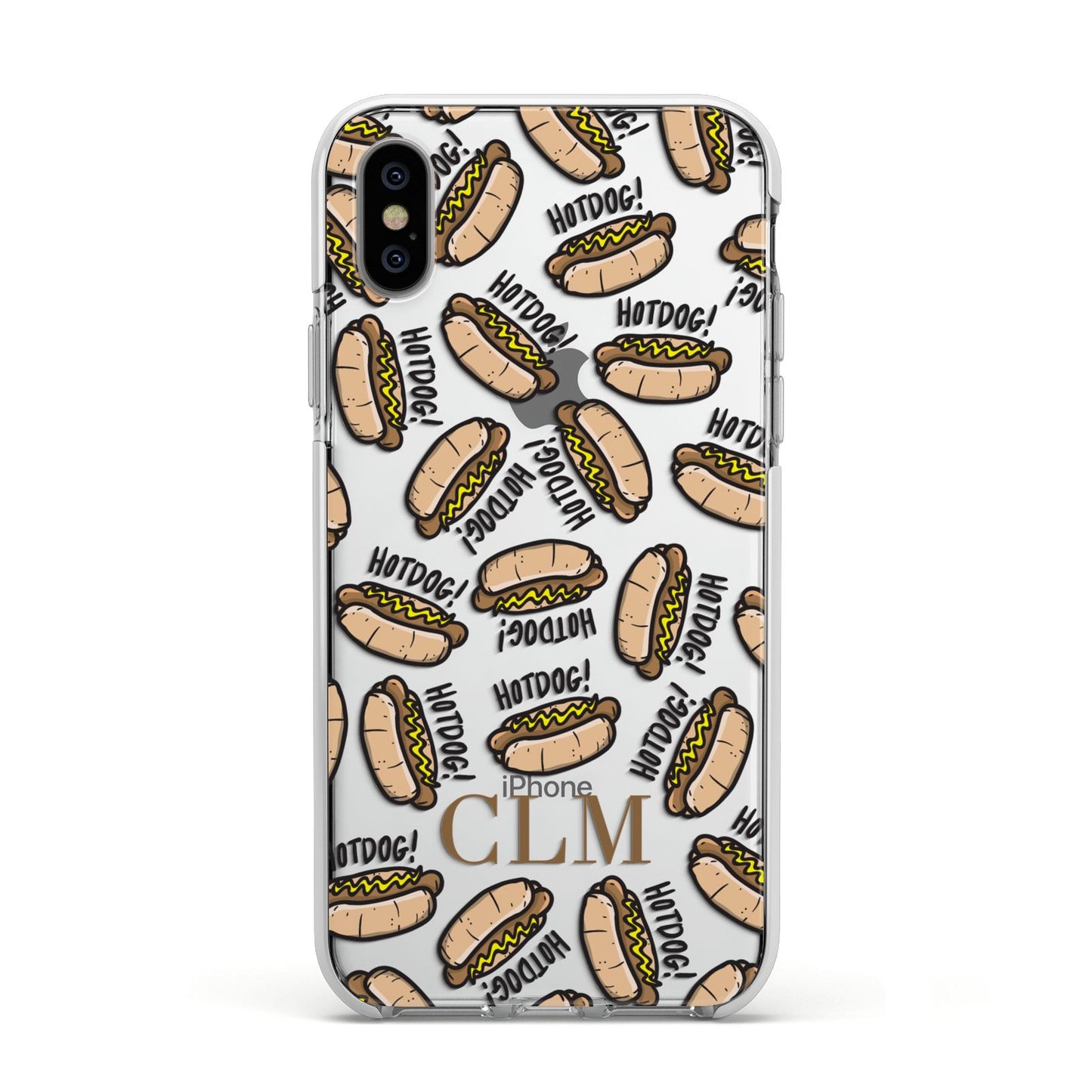 Personalised Hot Dog Initials Apple iPhone Xs Impact Case White Edge on Silver Phone