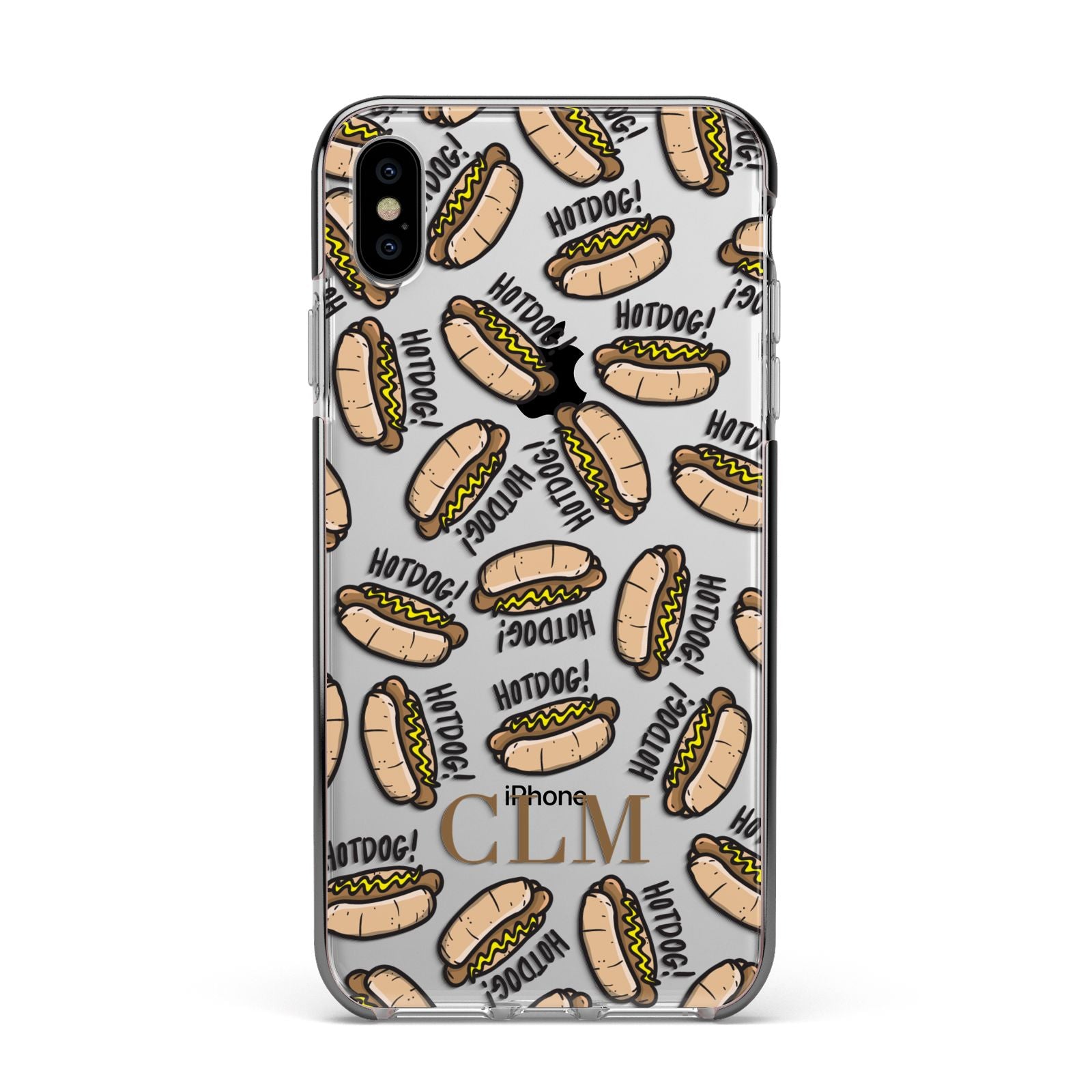 Personalised Hot Dog Initials Apple iPhone Xs Max Impact Case Black Edge on Silver Phone