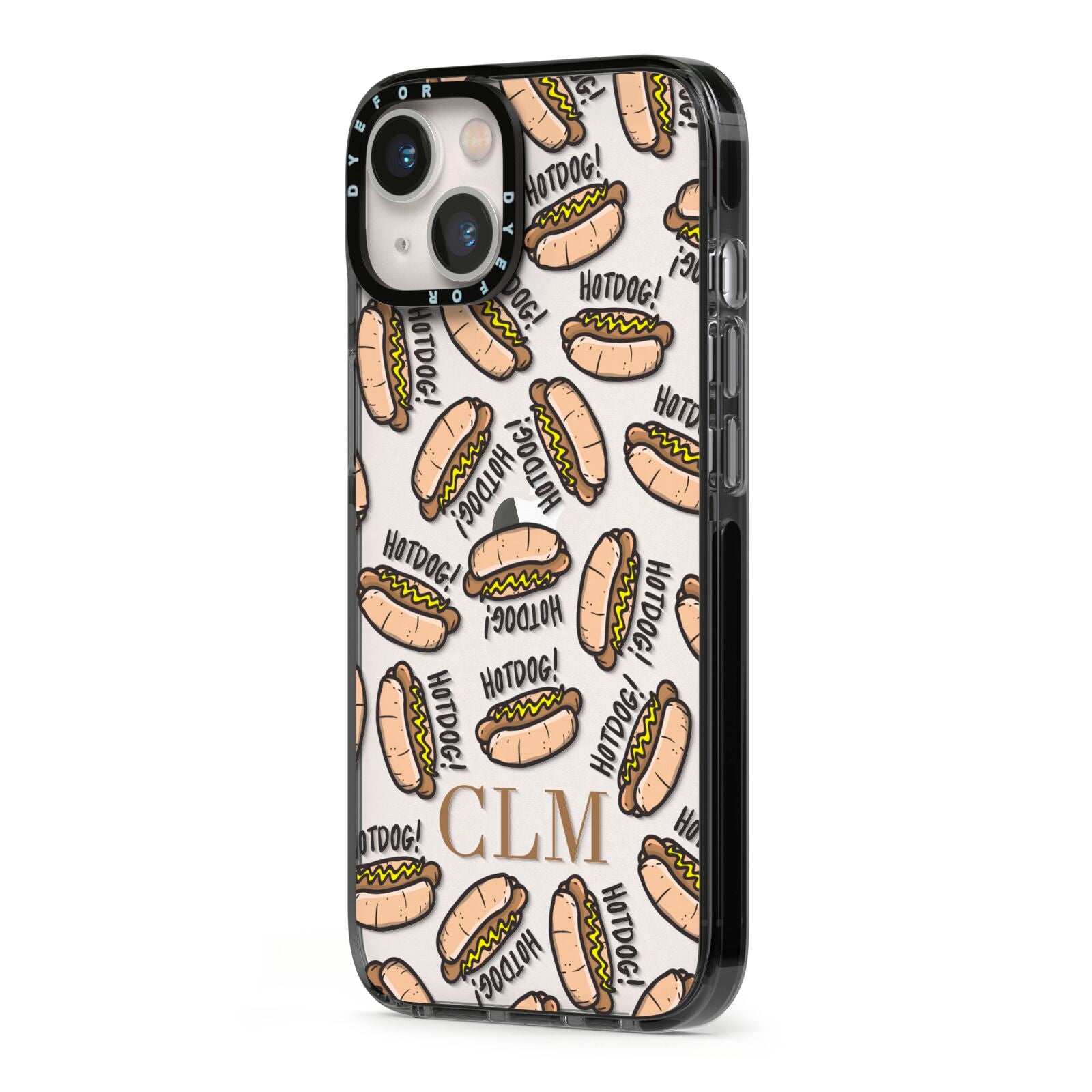 Personalised Hot Dog Initials iPhone 13 Black Impact Case Side Angle on Silver phone