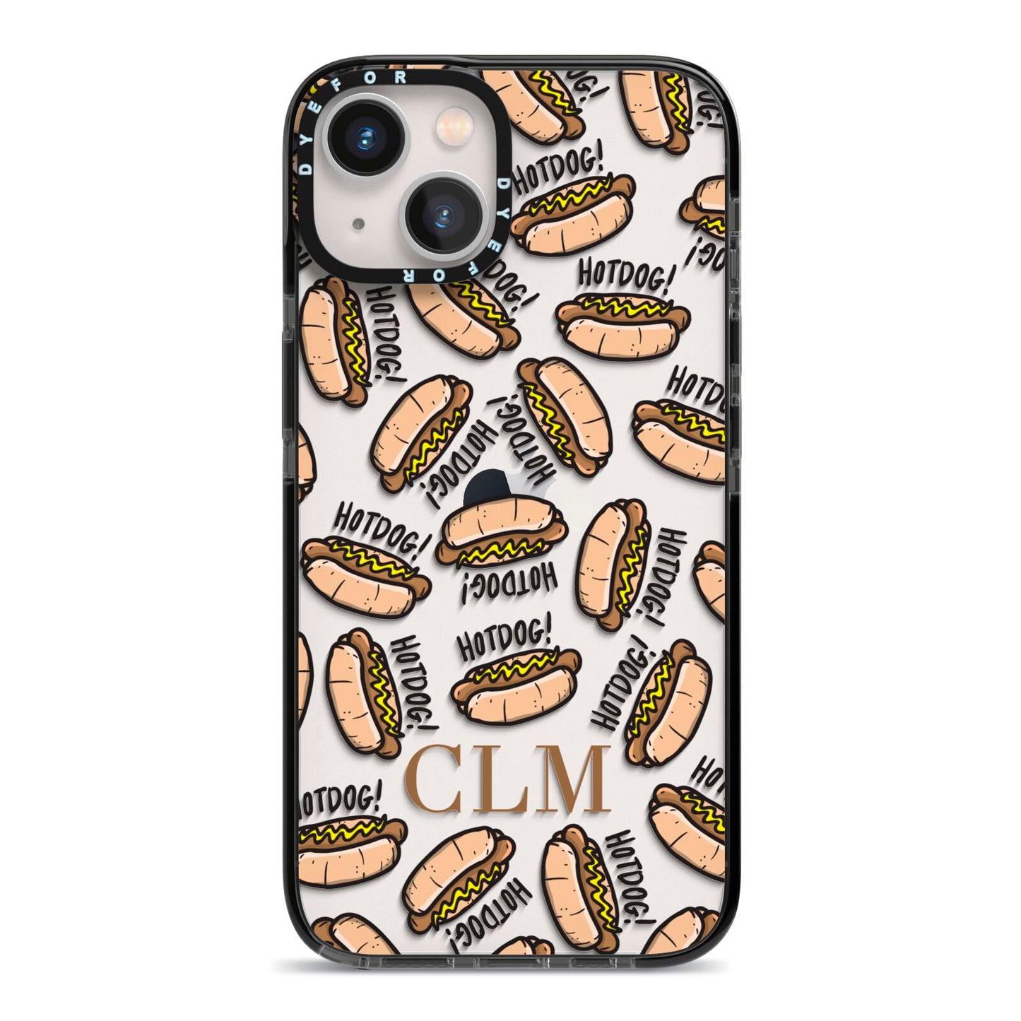 Personalised Hot Dog Initials iPhone 13 Black Impact Case on Silver phone
