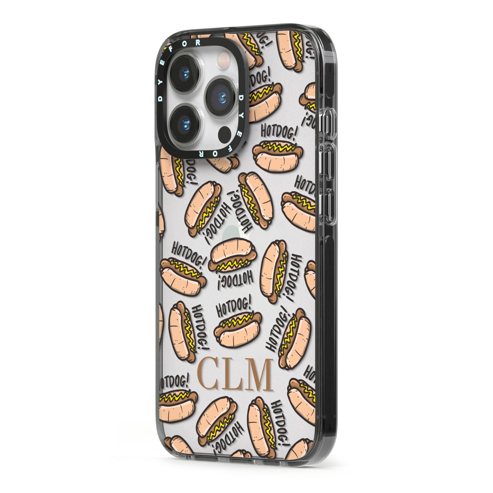 Personalised Hot Dog Initials iPhone 13 Pro Black Impact Case Side Angle on Silver phone