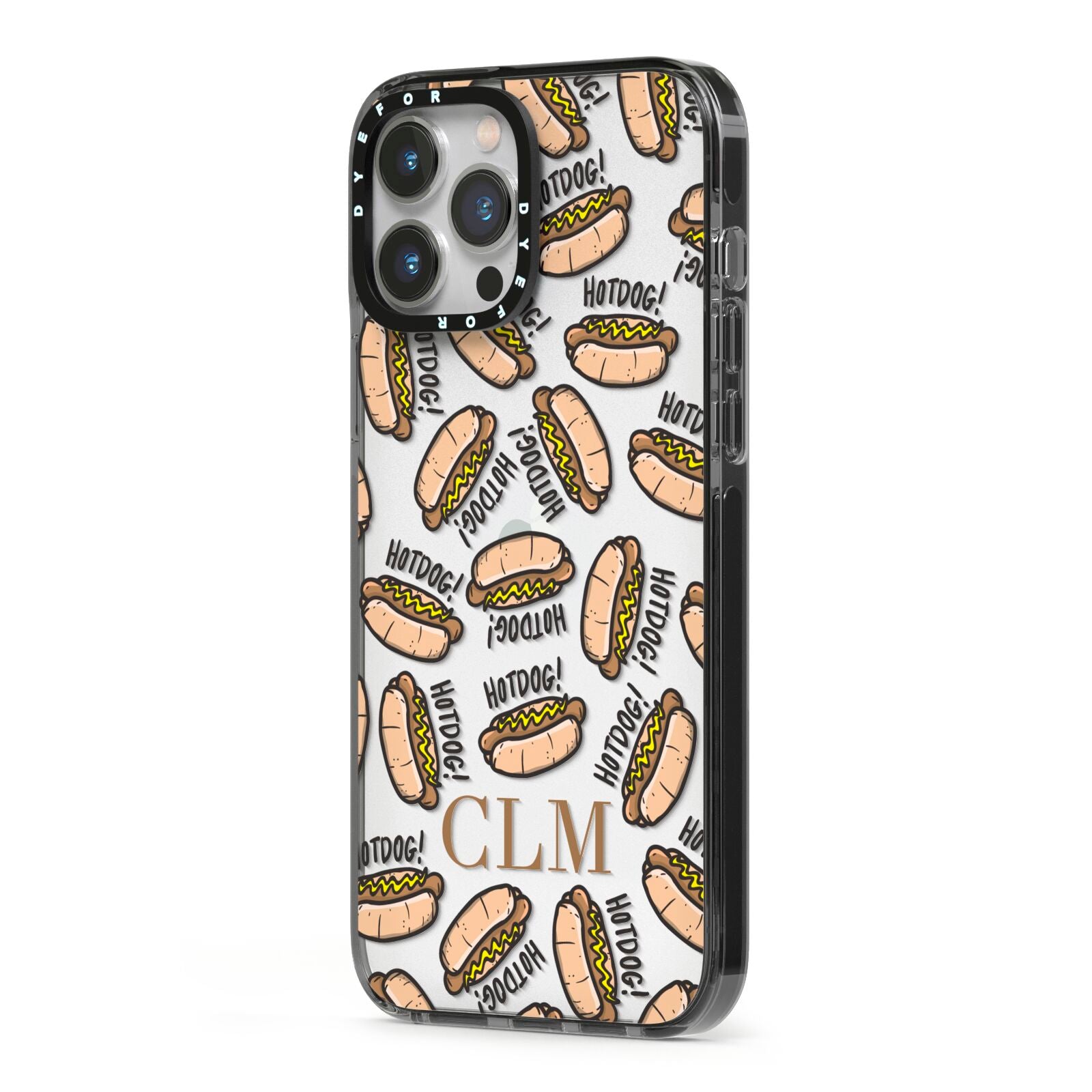 Personalised Hot Dog Initials iPhone 13 Pro Max Black Impact Case Side Angle on Silver phone