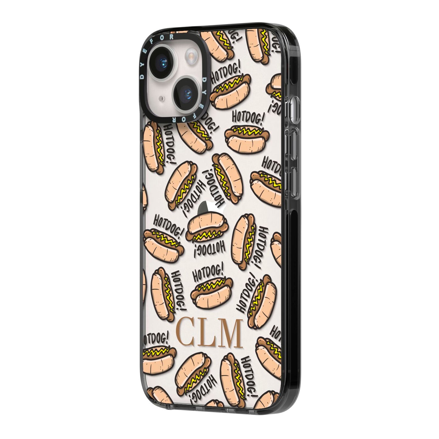 Personalised Hot Dog Initials iPhone 14 Black Impact Case Side Angle on Silver phone