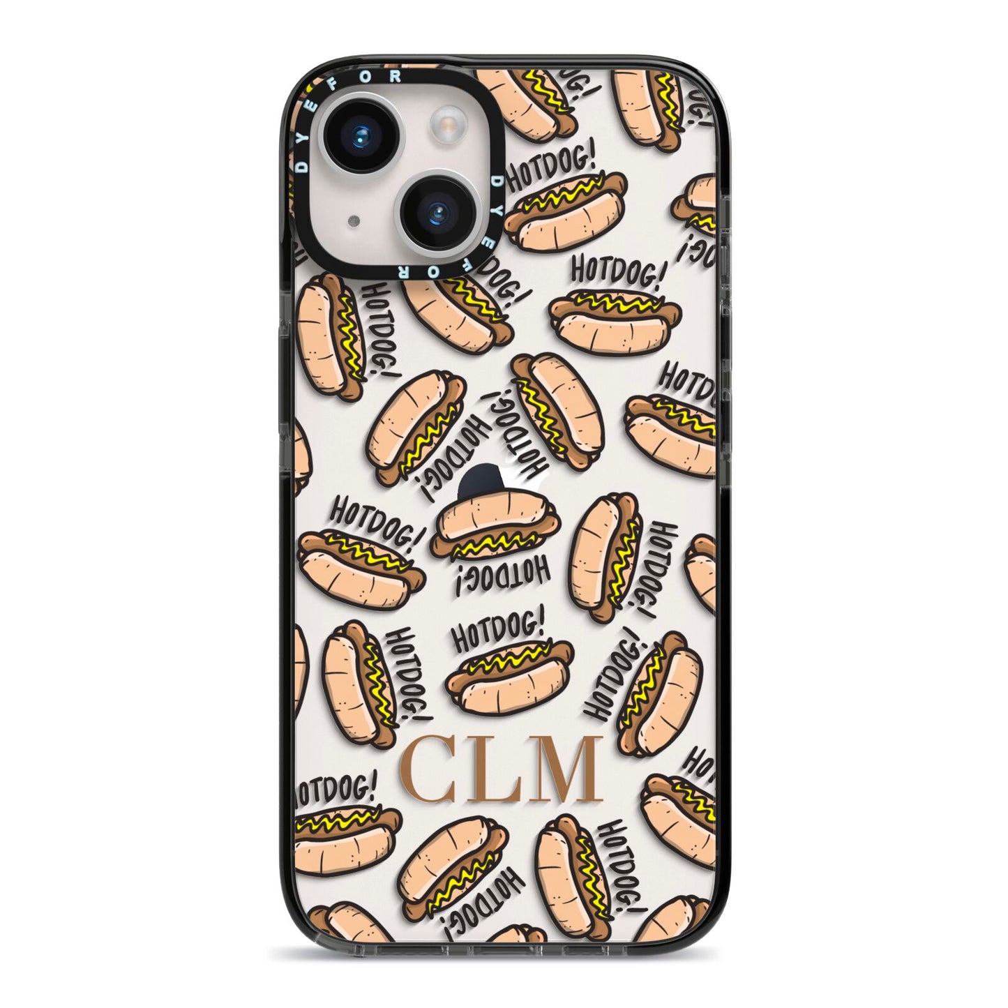 Personalised Hot Dog Initials iPhone 14 Black Impact Case on Silver phone