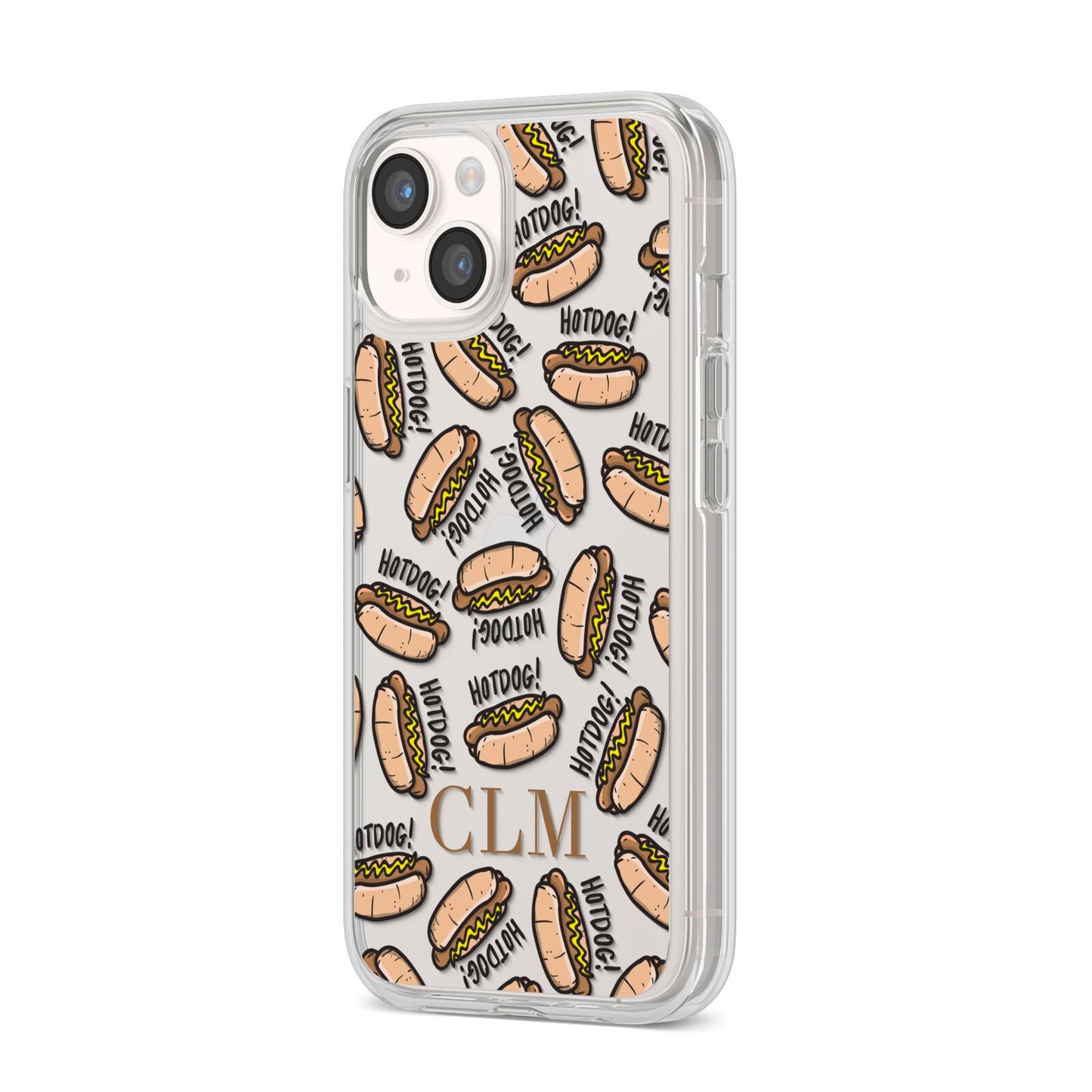 Personalised Hot Dog Initials iPhone 14 Clear Tough Case Starlight Angled Image