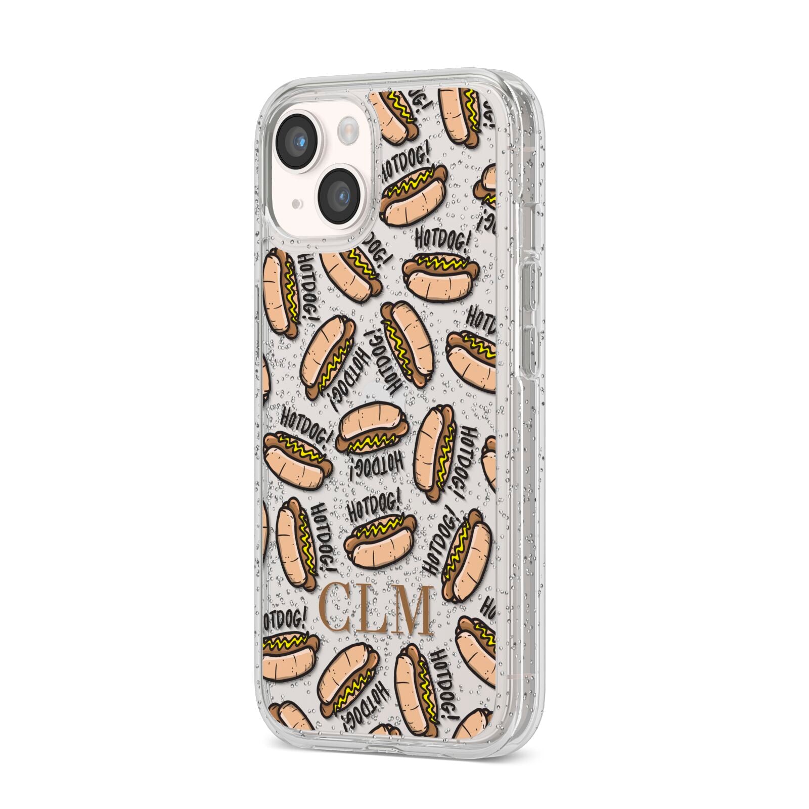 Personalised Hot Dog Initials iPhone 14 Glitter Tough Case Starlight Angled Image