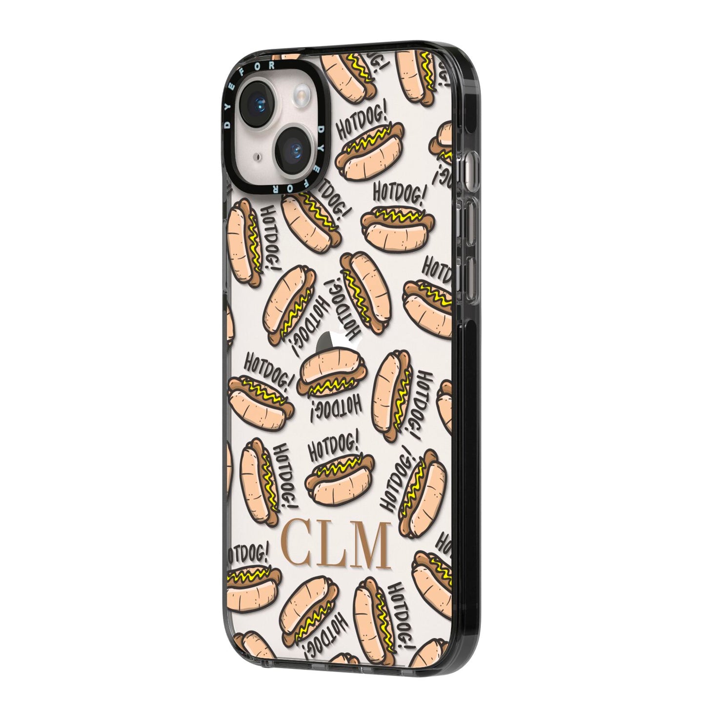 Personalised Hot Dog Initials iPhone 14 Plus Black Impact Case Side Angle on Silver phone