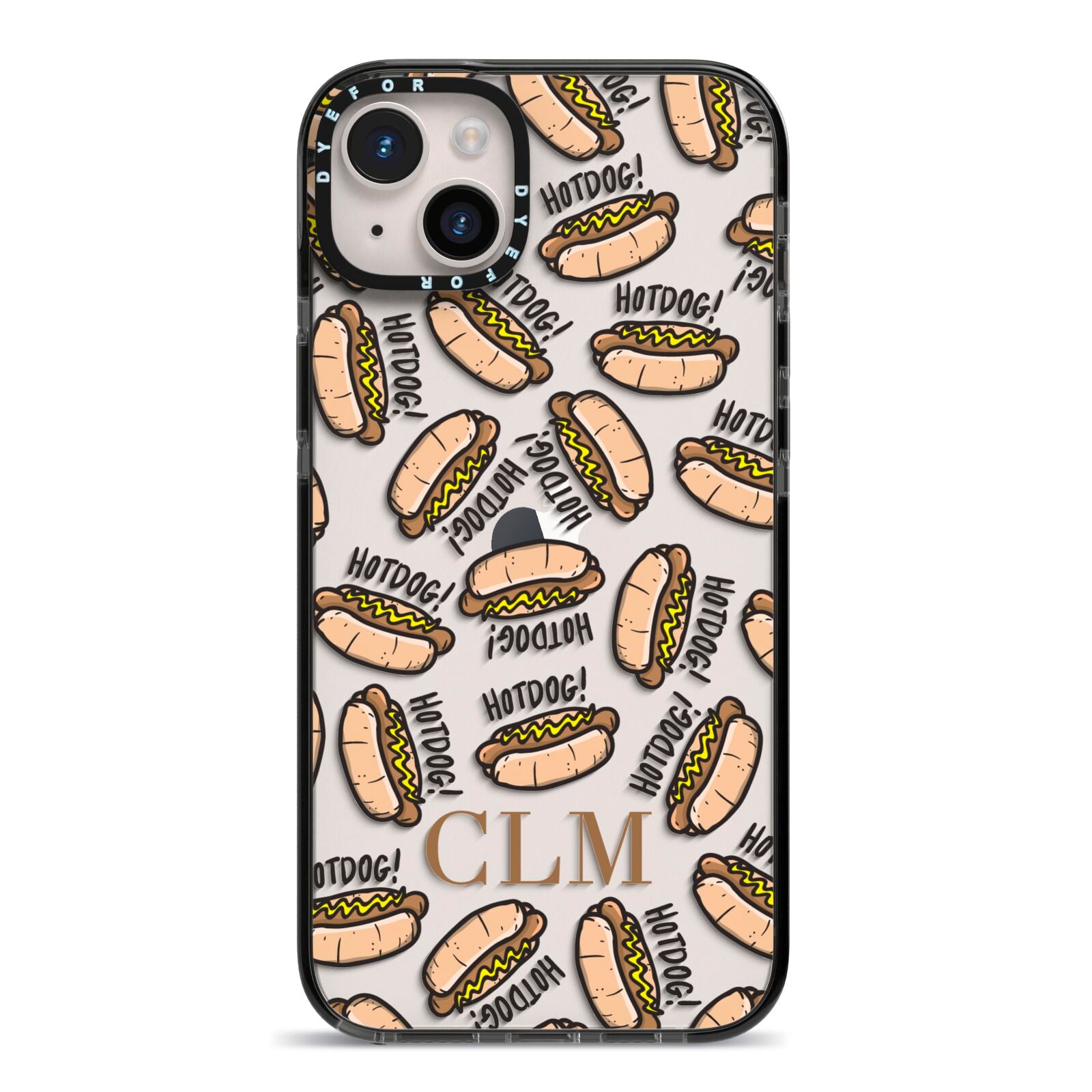 Personalised Hot Dog Initials iPhone 14 Plus Black Impact Case on Silver phone