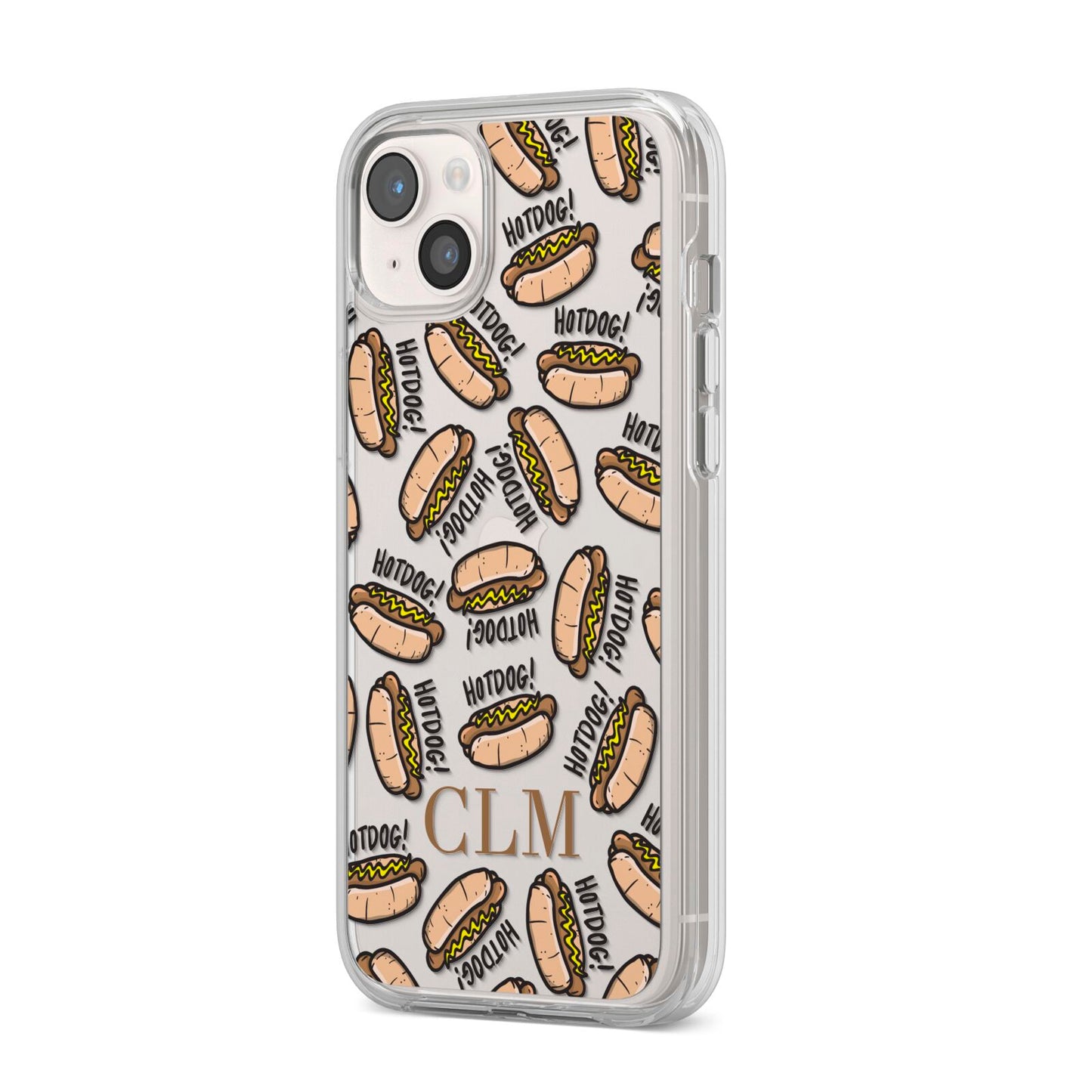 Personalised Hot Dog Initials iPhone 14 Plus Clear Tough Case Starlight Angled Image