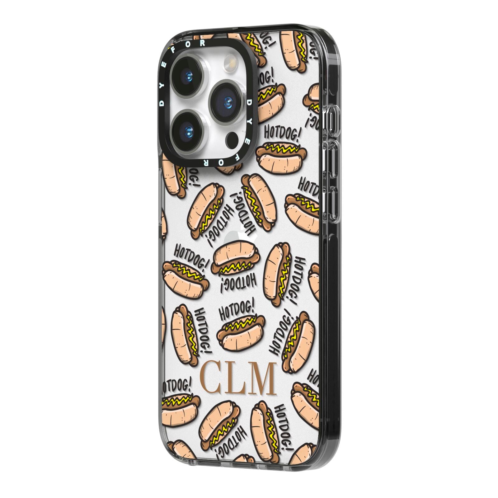 Personalised Hot Dog Initials iPhone 14 Pro Black Impact Case Side Angle on Silver phone