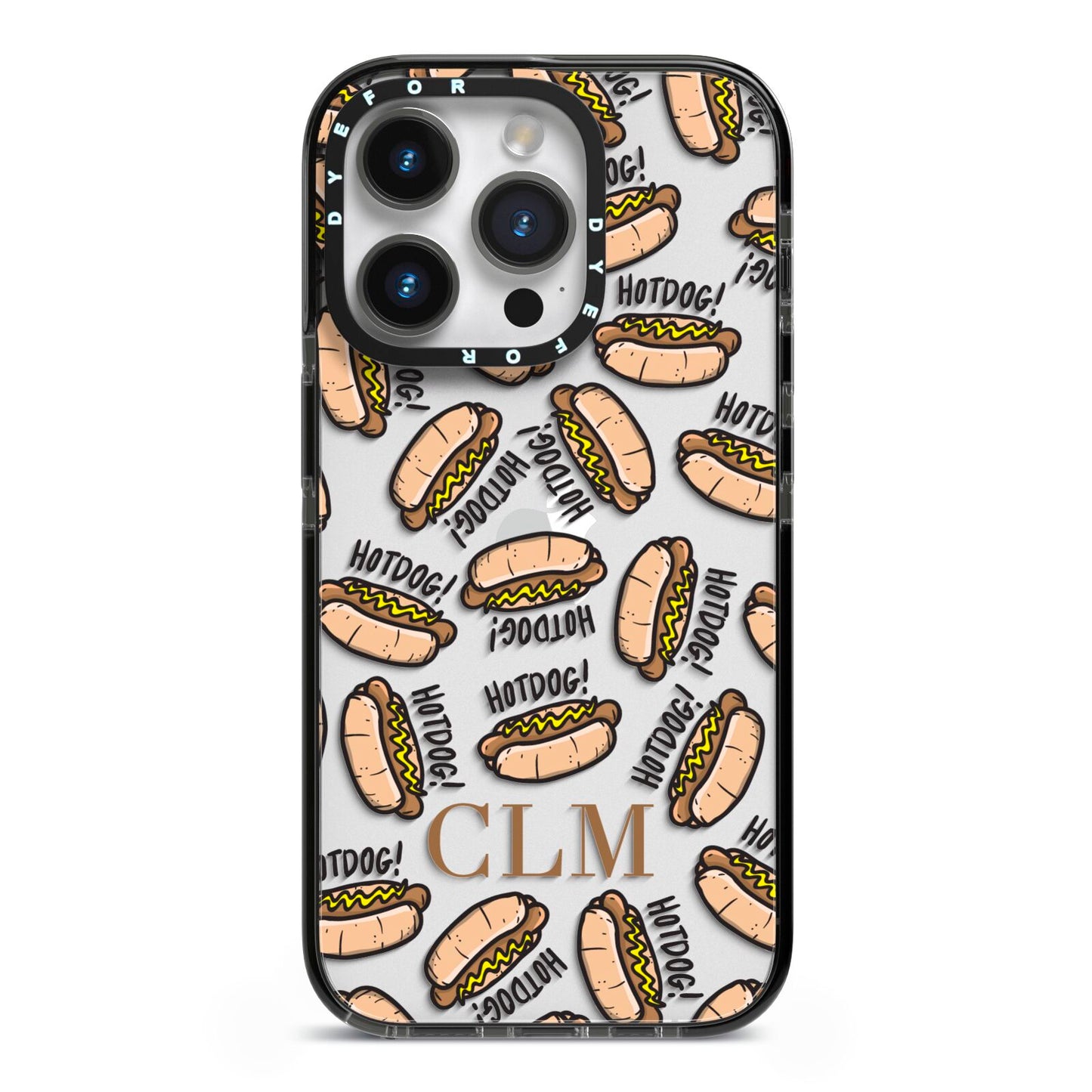 Personalised Hot Dog Initials iPhone 14 Pro Black Impact Case on Silver phone