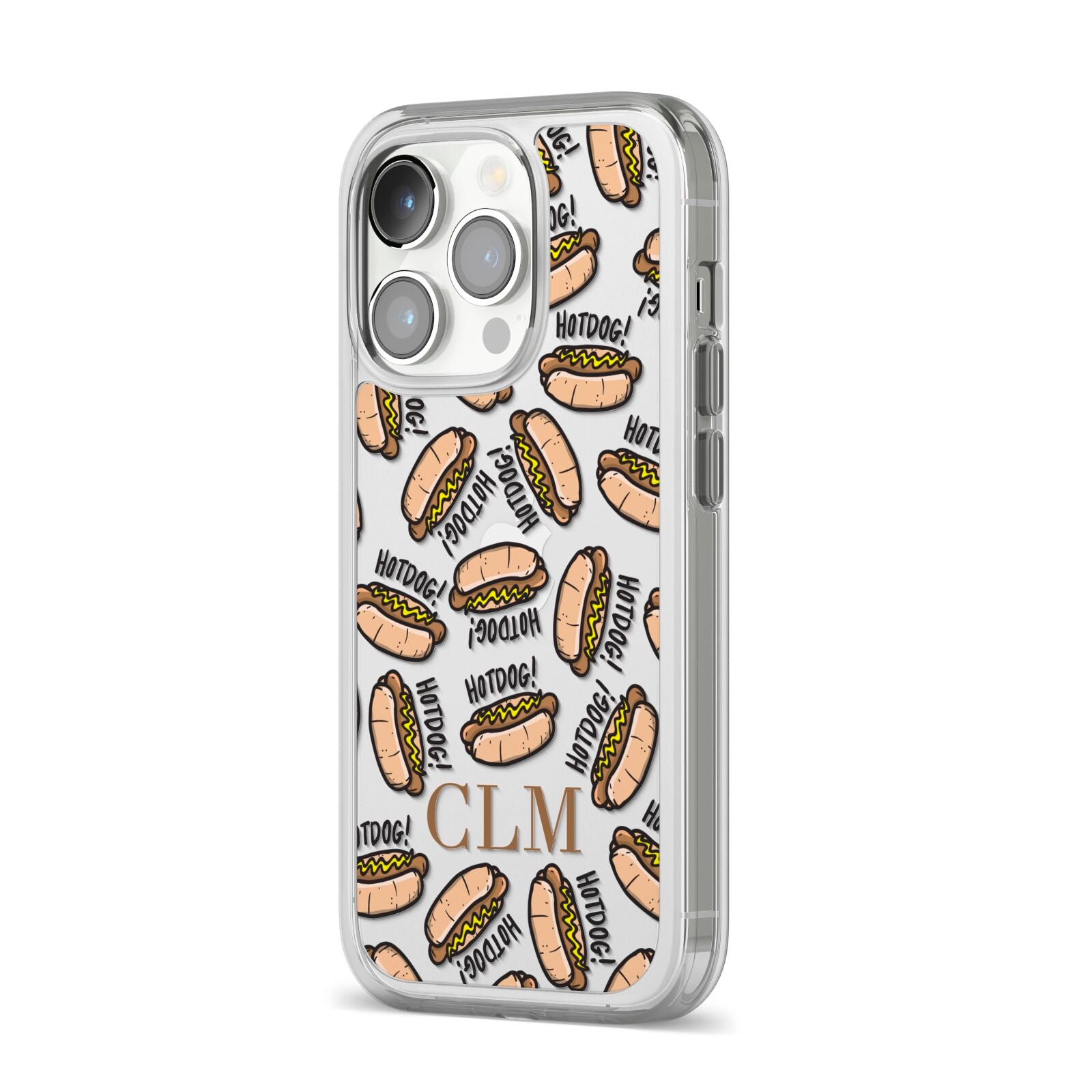 Personalised Hot Dog Initials iPhone 14 Pro Clear Tough Case Silver Angled Image