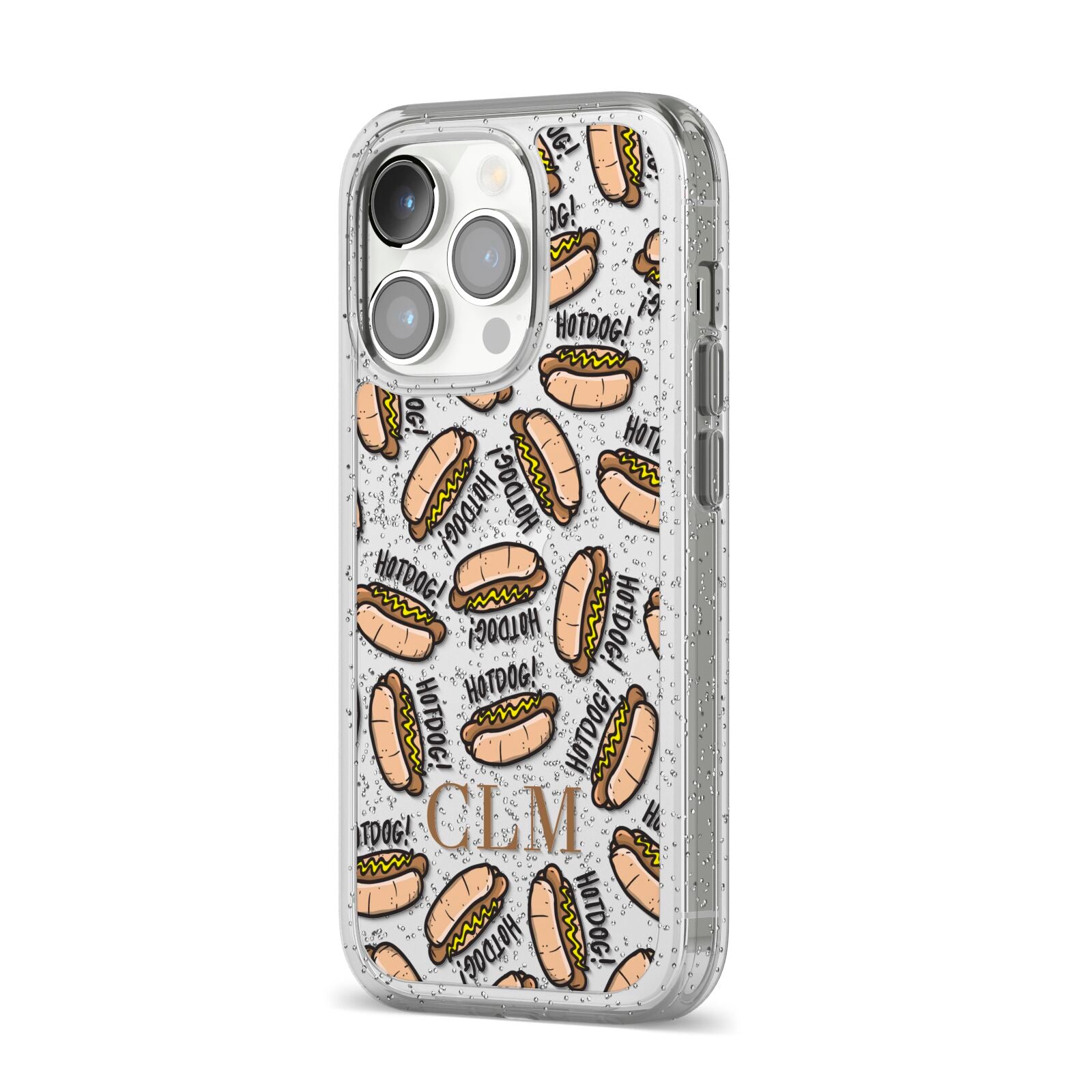 Personalised Hot Dog Initials iPhone 14 Pro Glitter Tough Case Silver Angled Image