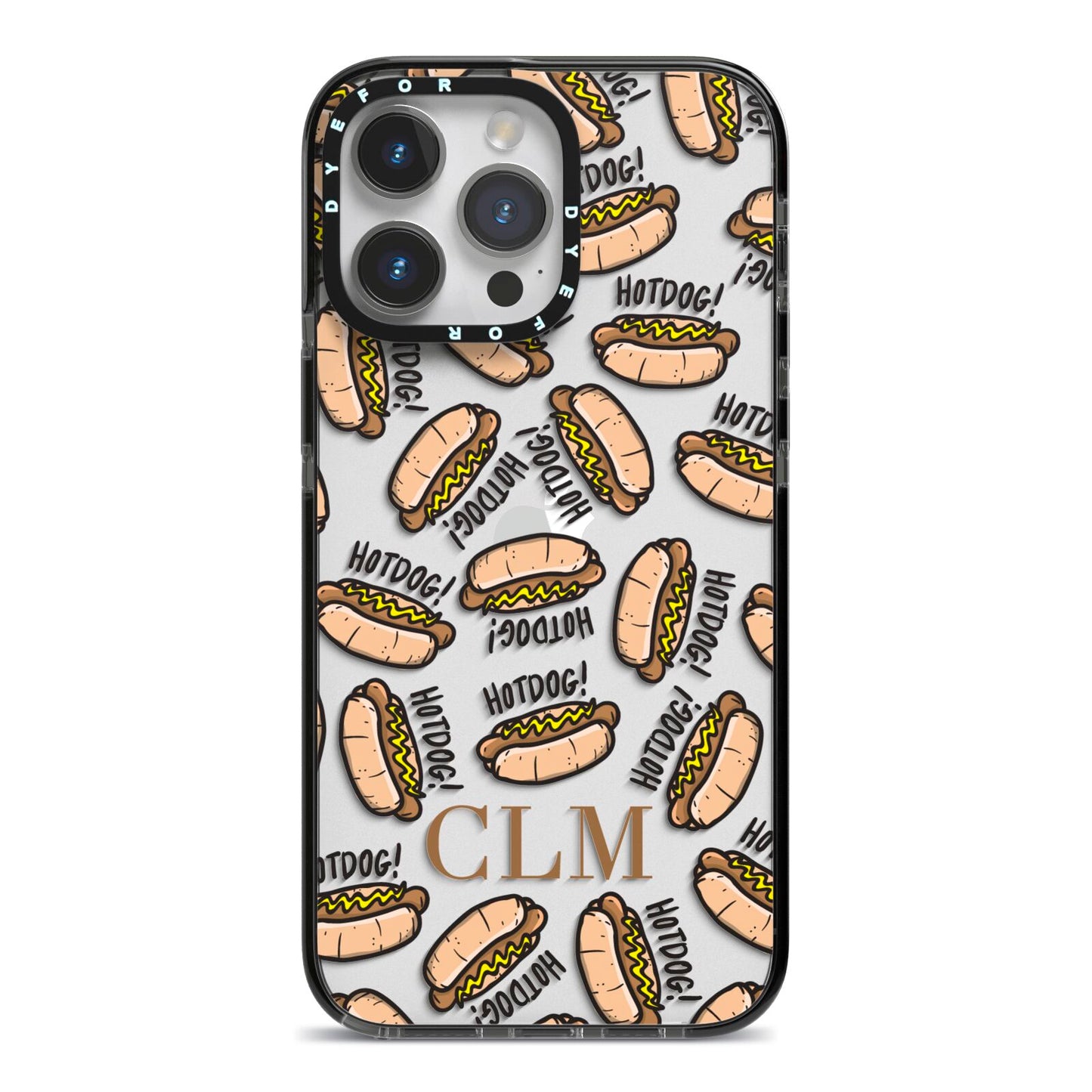 Personalised Hot Dog Initials iPhone 14 Pro Max Black Impact Case on Silver phone