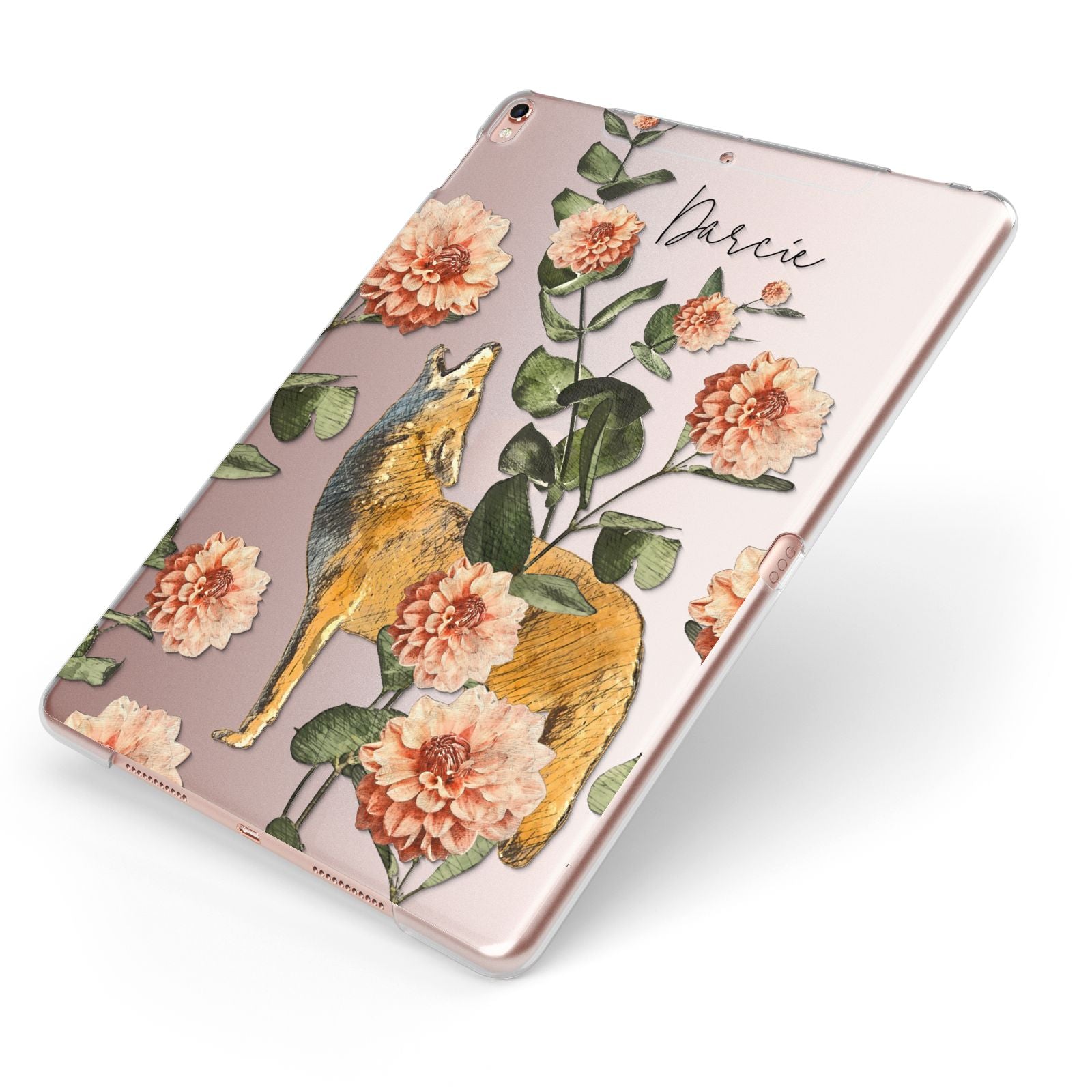 Personalised Howling Wolf Apple iPad Case on Rose Gold iPad Side View