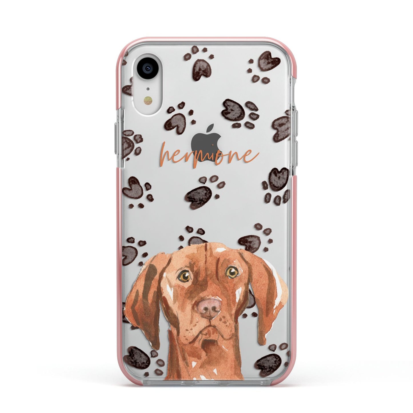 Personalised Hungarian Vizsla Apple iPhone XR Impact Case Pink Edge on Silver Phone