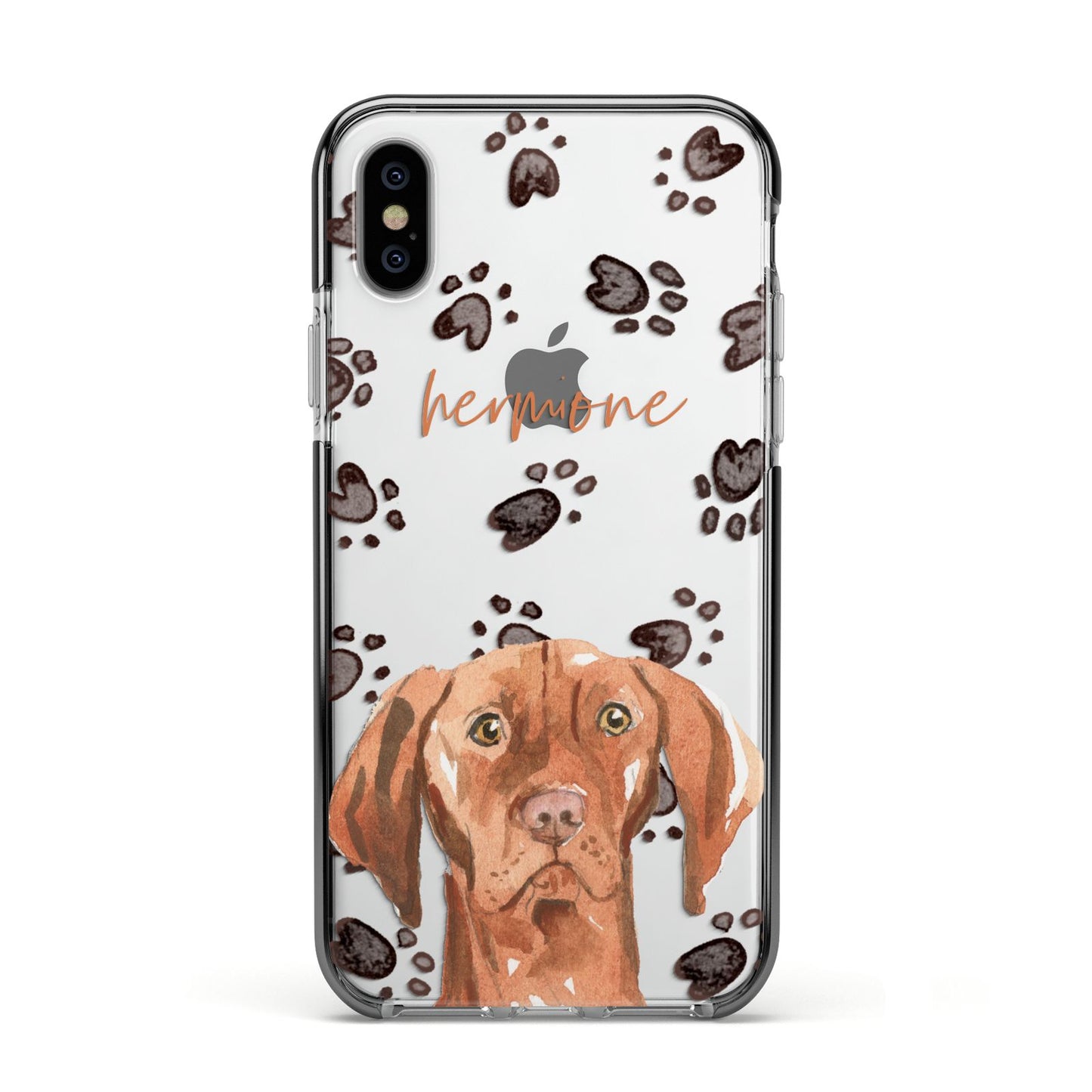 Personalised Hungarian Vizsla Apple iPhone Xs Impact Case Black Edge on Silver Phone