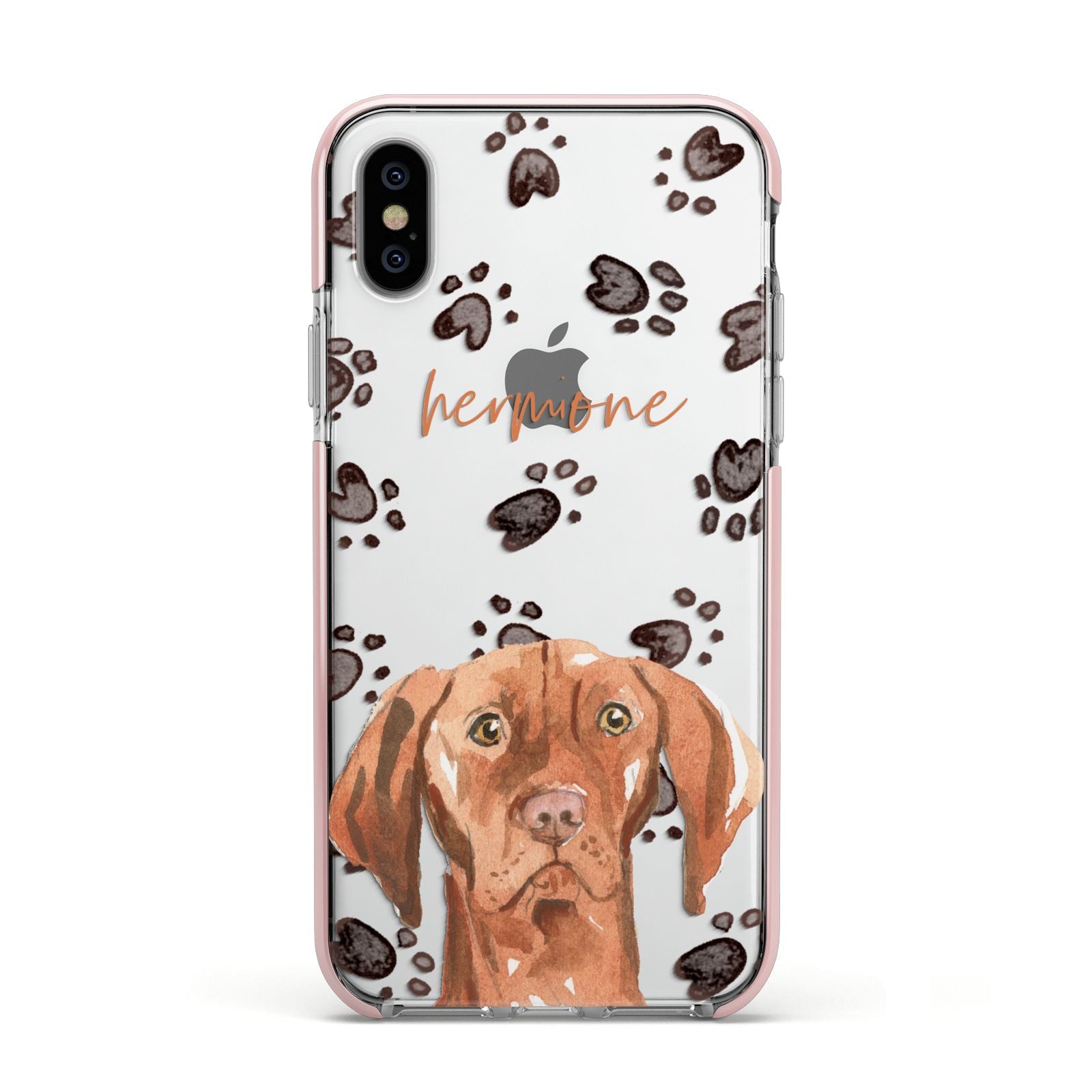 Personalised Hungarian Vizsla Apple iPhone Xs Impact Case Pink Edge on Silver Phone