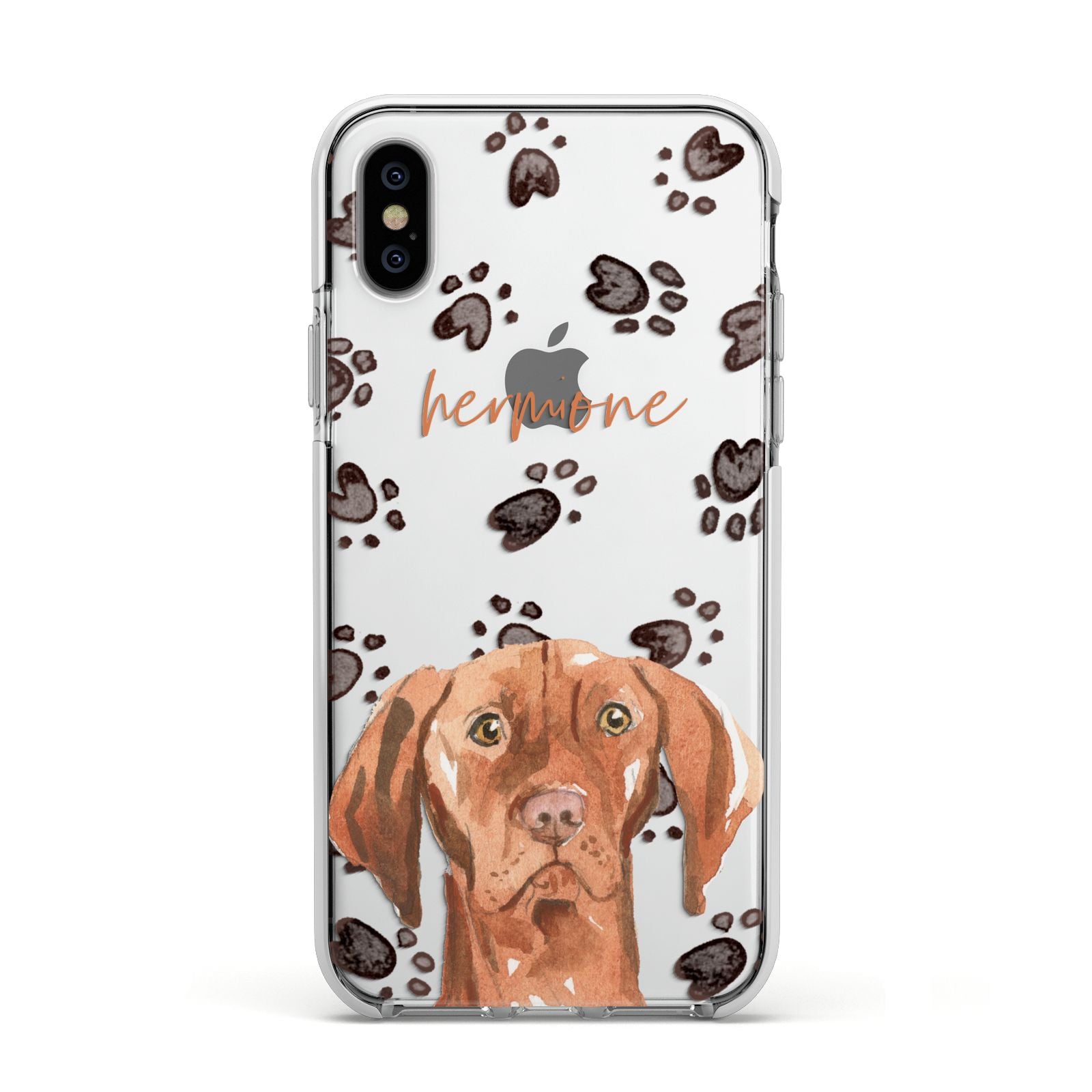 Personalised Hungarian Vizsla Apple iPhone Xs Impact Case White Edge on Silver Phone