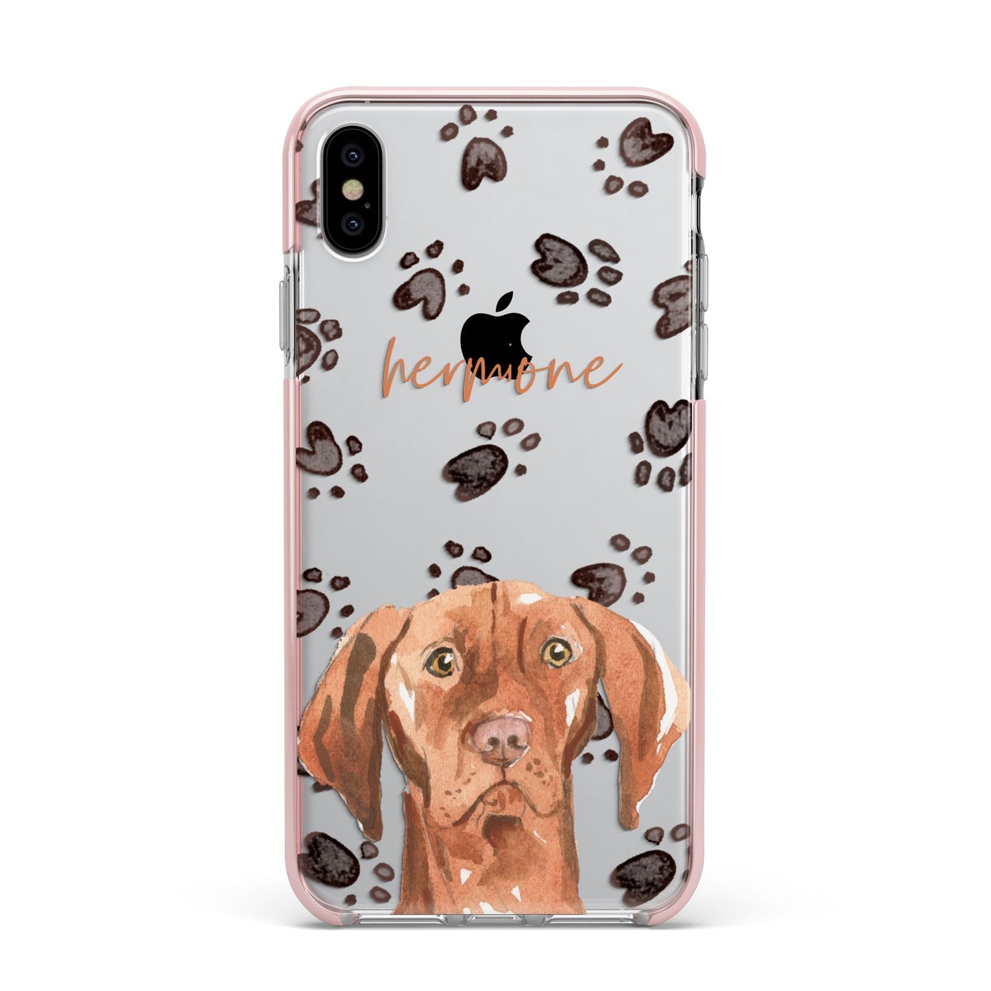 Personalised Hungarian Vizsla Apple iPhone Xs Max Impact Case Pink Edge on Silver Phone