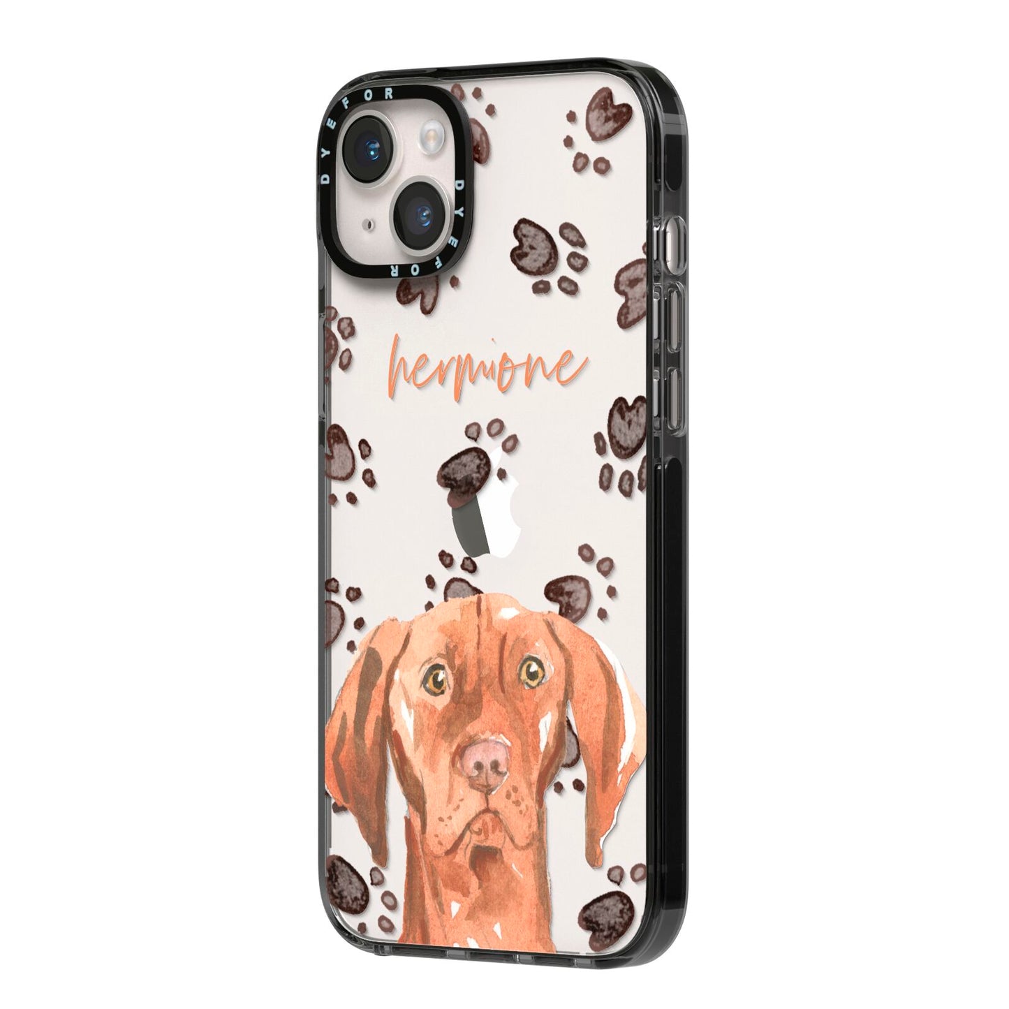 Personalised Hungarian Vizsla iPhone 14 Plus Black Impact Case Side Angle on Silver phone
