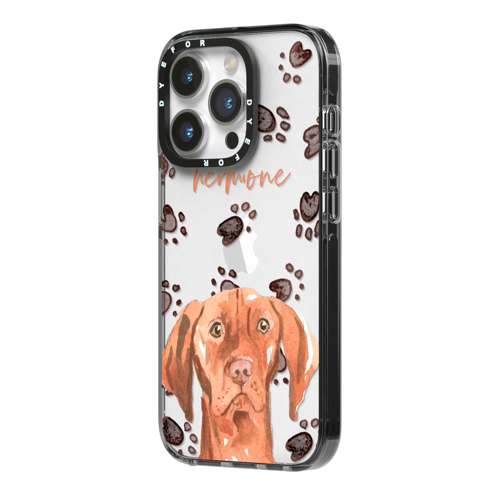Personalised Hungarian Vizsla iPhone 14 Pro Black Impact Case Side Angle on Silver phone