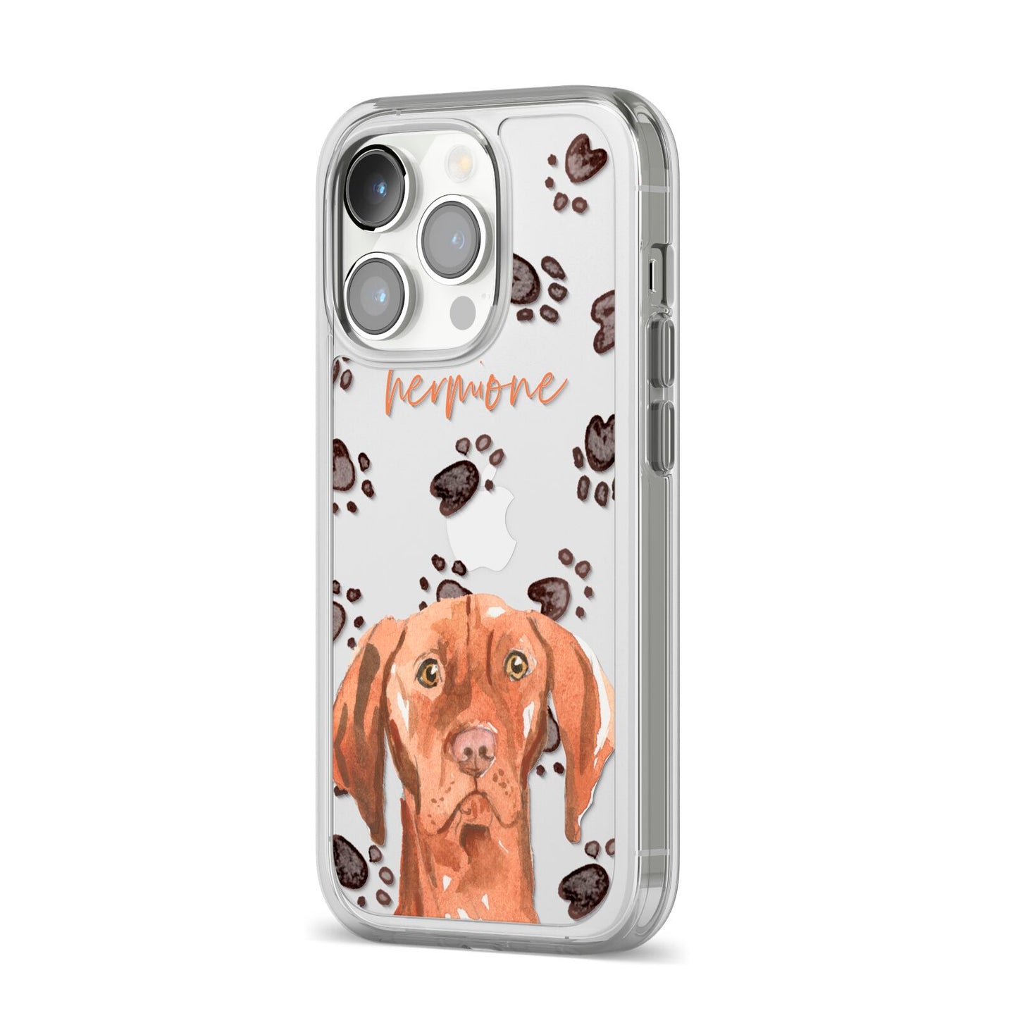 Personalised Hungarian Vizsla iPhone 14 Pro Clear Tough Case Silver Angled Image