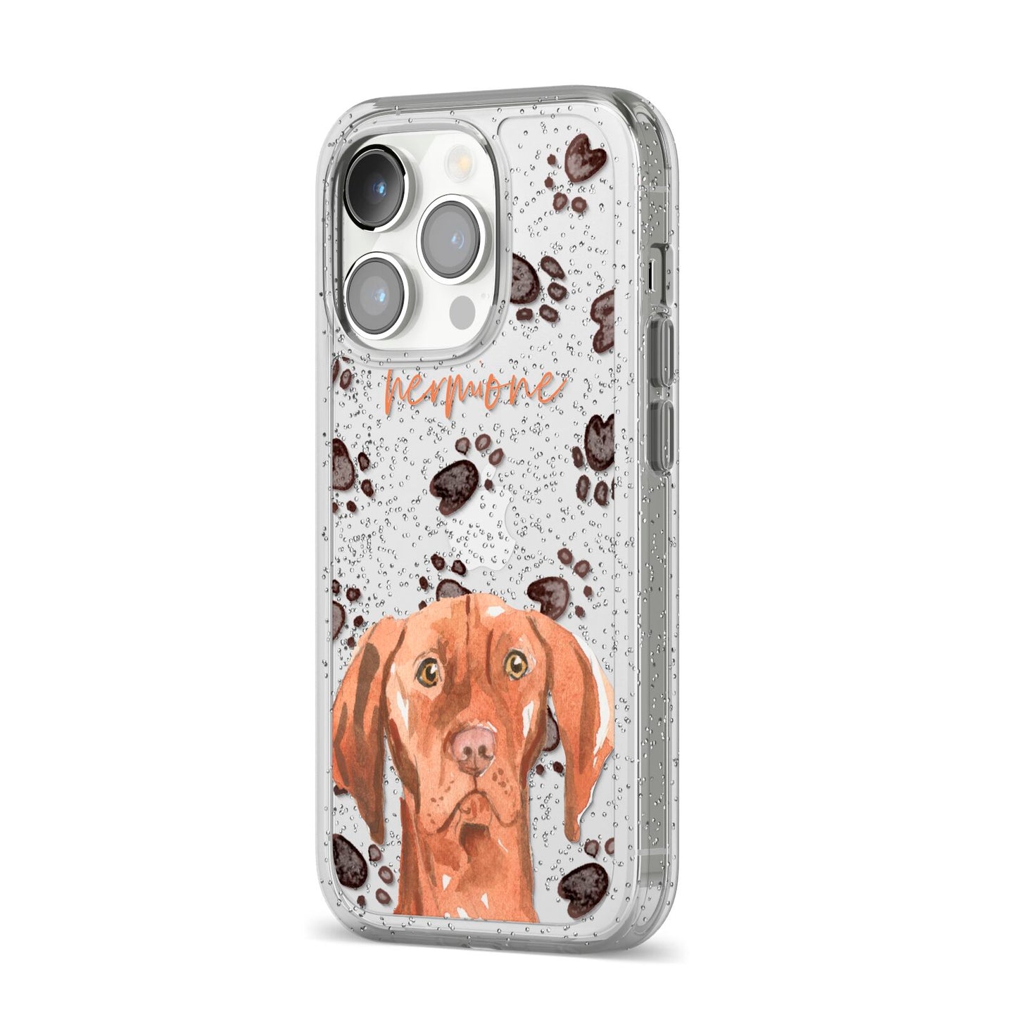 Personalised Hungarian Vizsla iPhone 14 Pro Glitter Tough Case Silver Angled Image