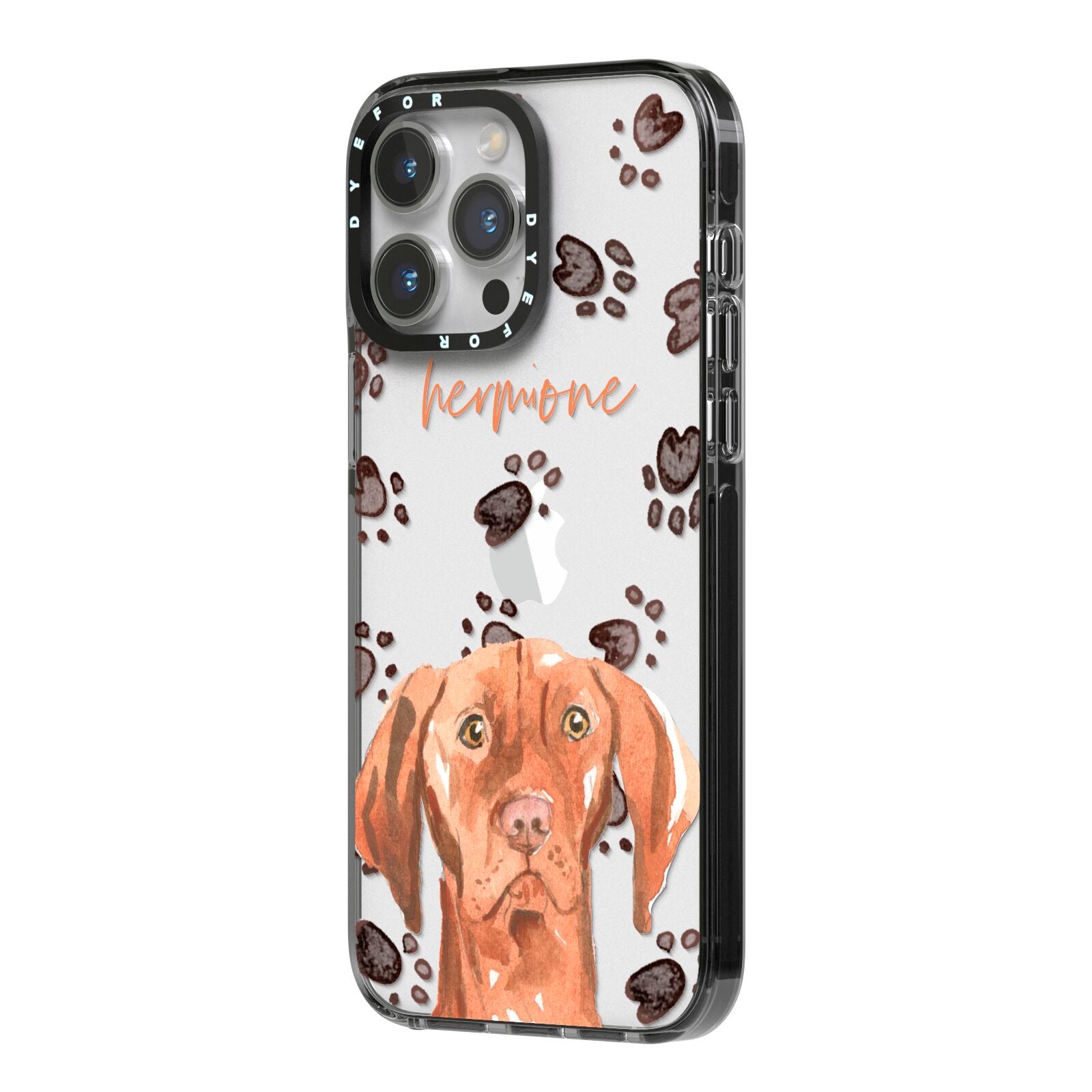 Personalised Hungarian Vizsla iPhone 14 Pro Max Black Impact Case Side Angle on Silver phone
