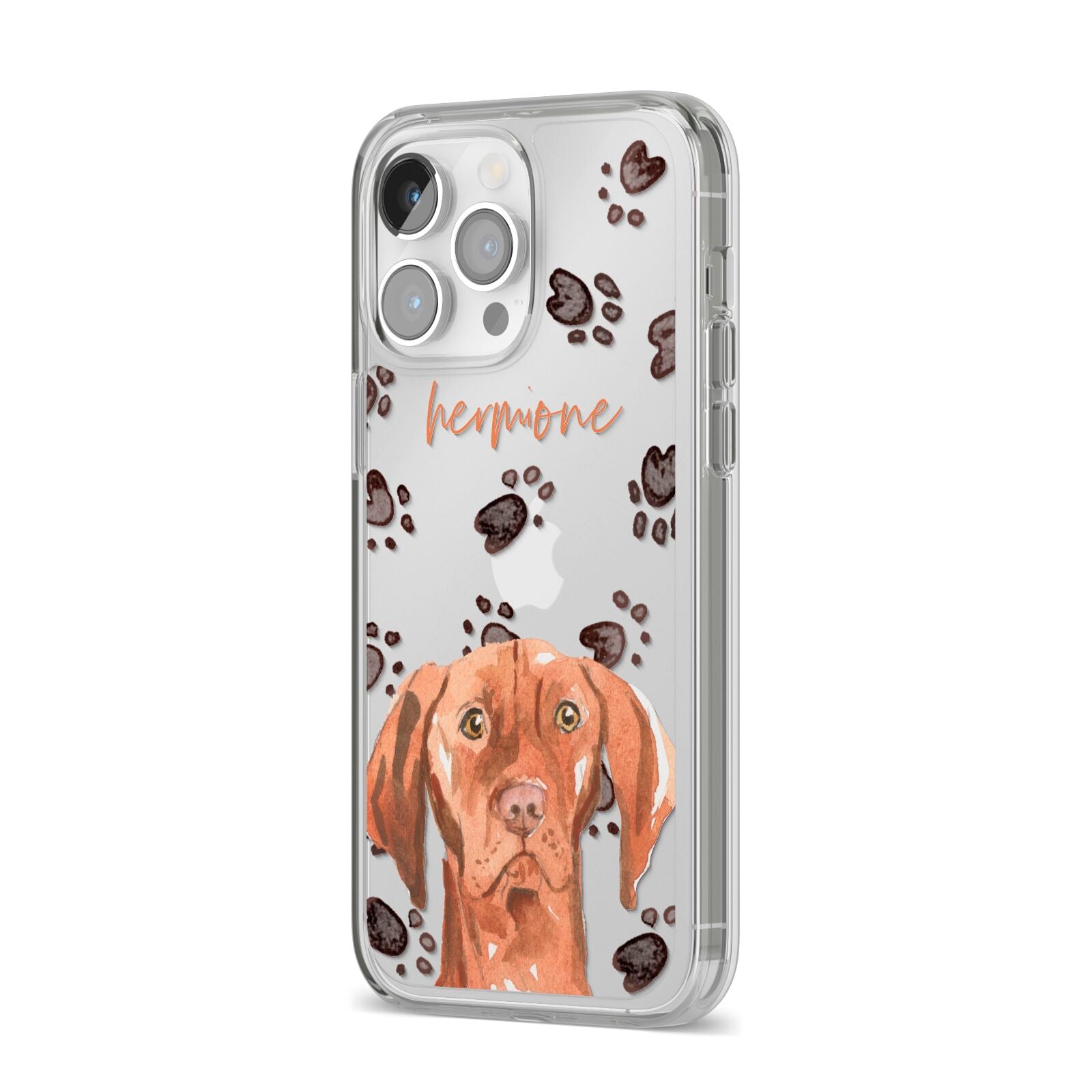 Personalised Hungarian Vizsla iPhone 14 Pro Max Clear Tough Case Silver Angled Image