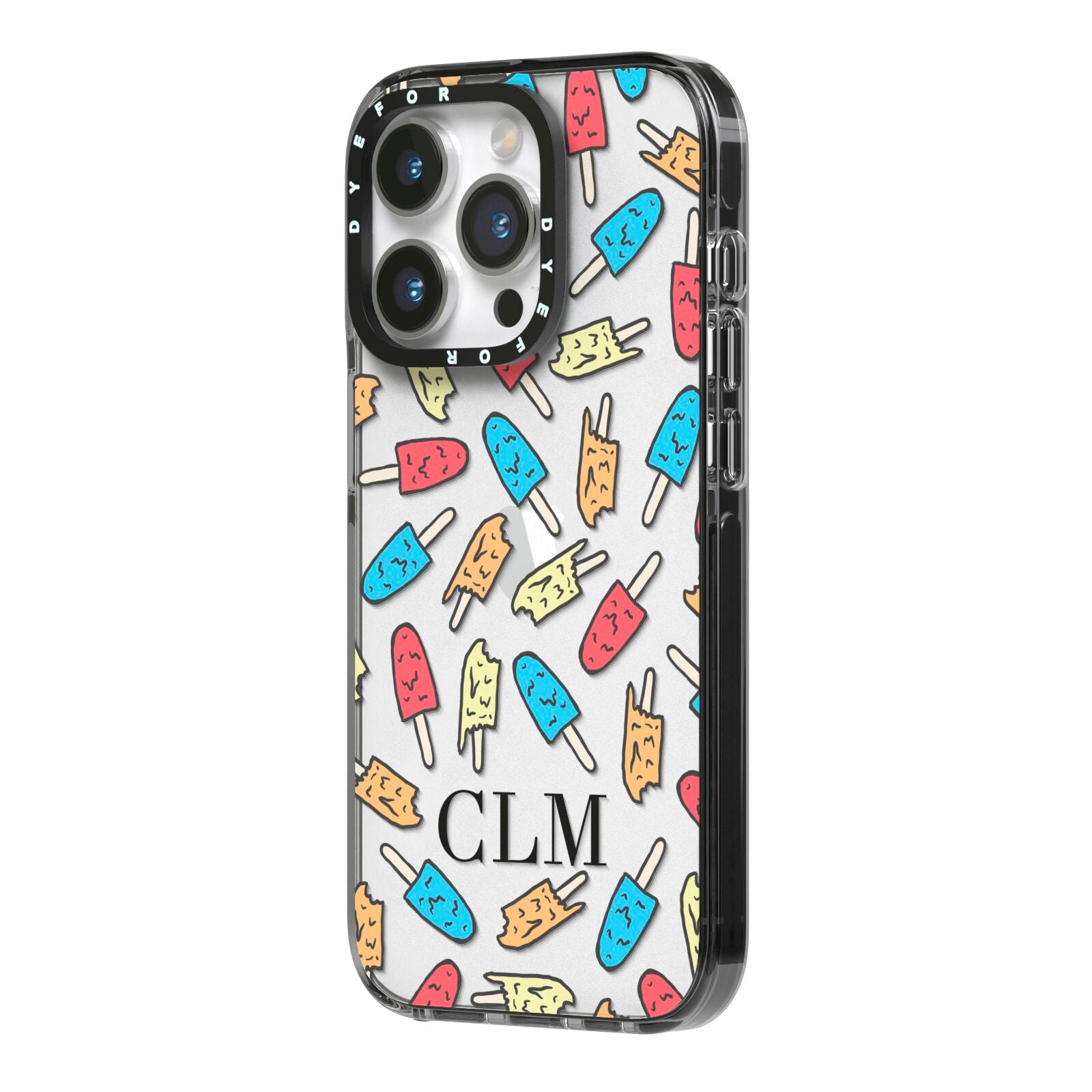 Personalised Ice Lolly Initials iPhone 14 Pro Black Impact Case Side Angle on Silver phone