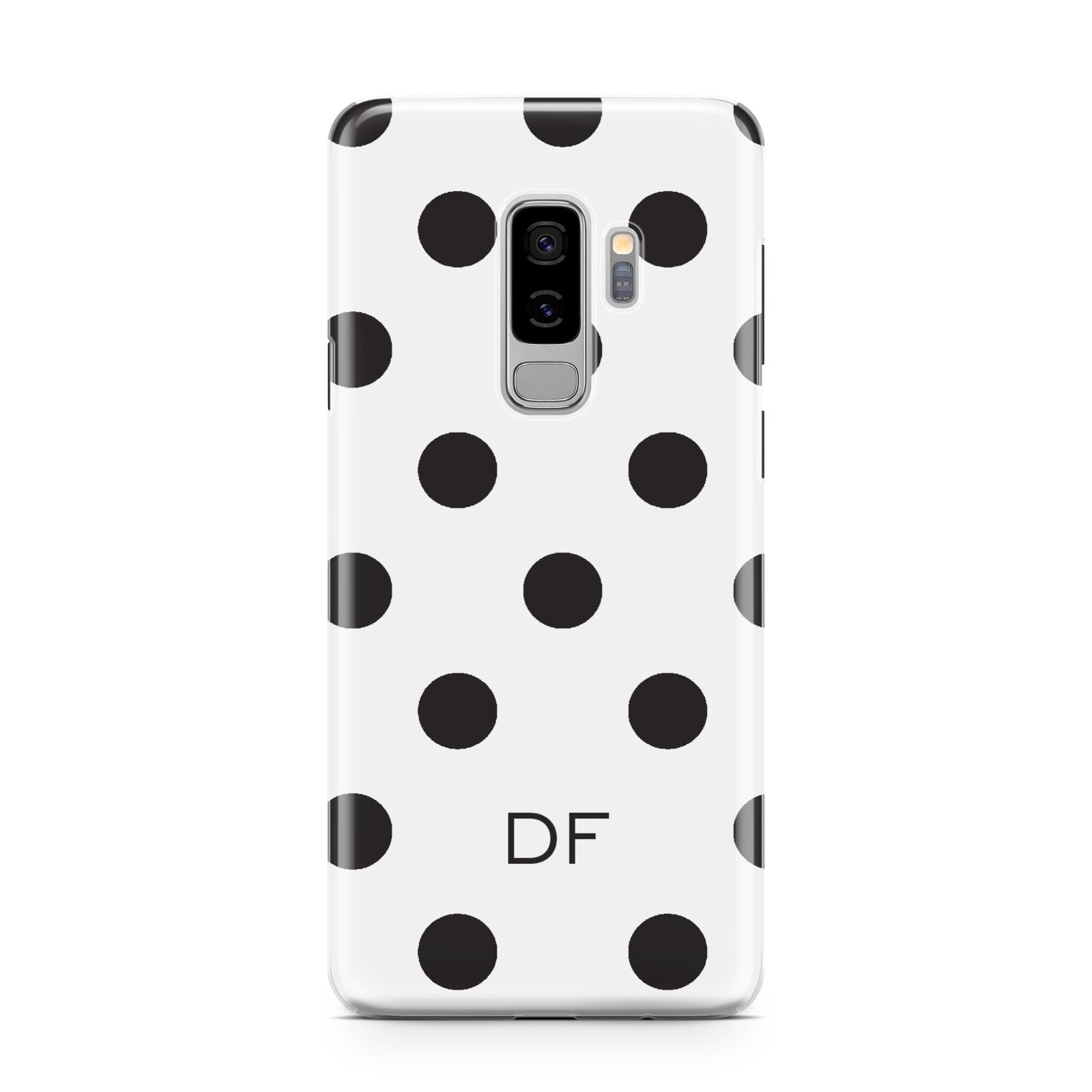 Personalised Initial Black Dots Samsung Galaxy S9 Plus Case on Silver phone
