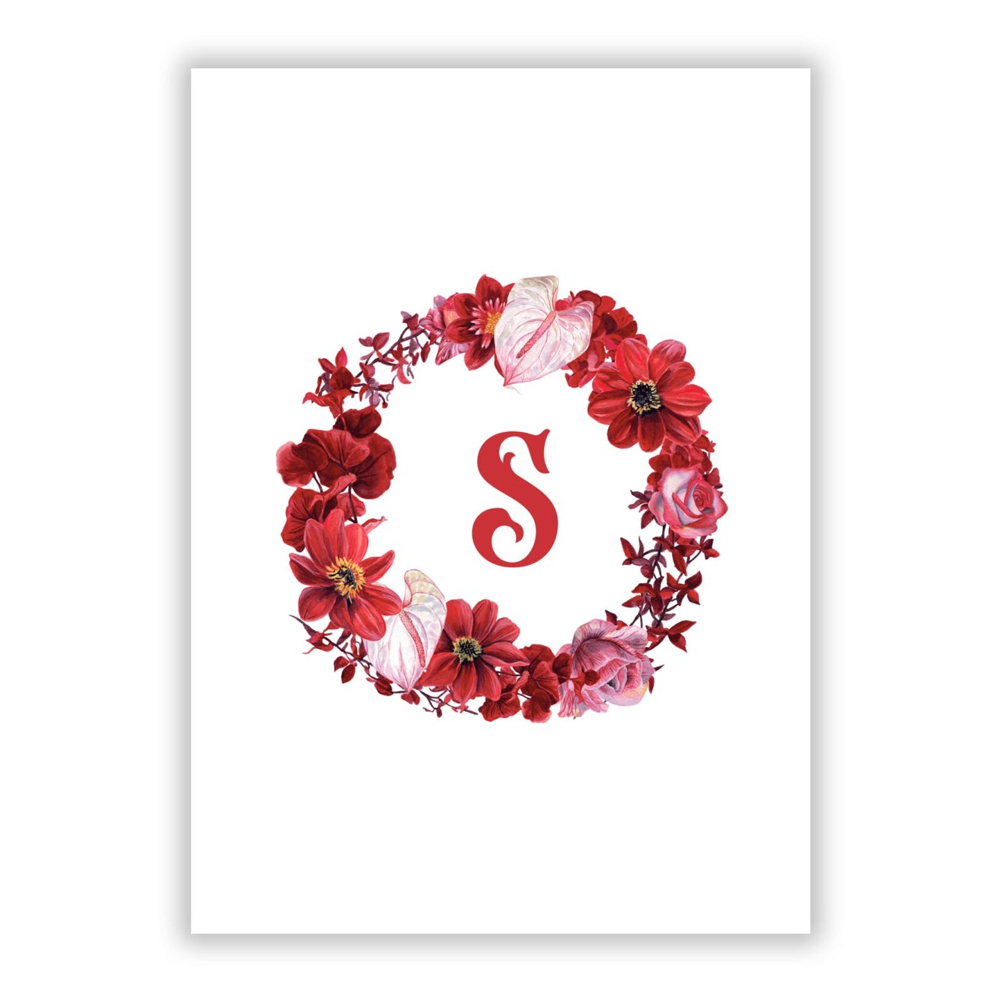 Personalised Initial Floral Wreath A5 Flat Greetings Card