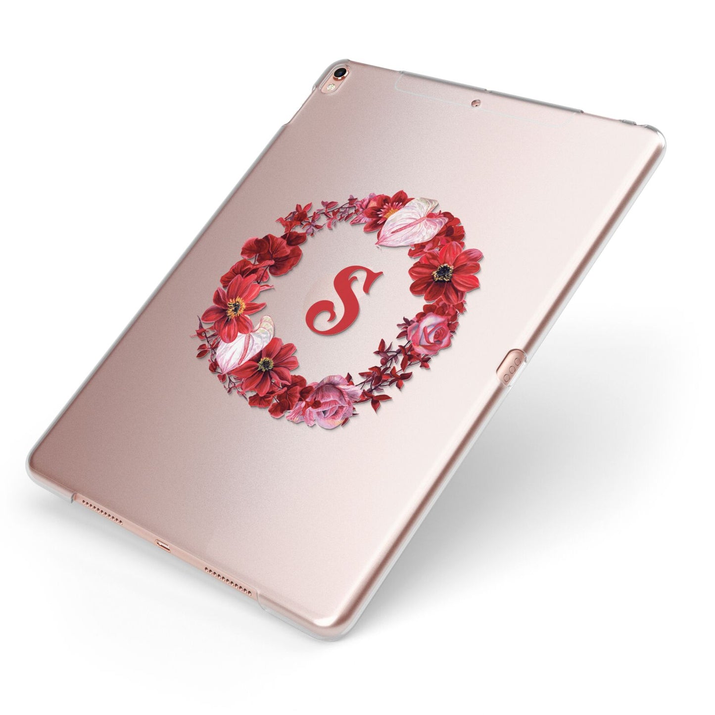 Personalised Initial Floral Wreath Apple iPad Case on Rose Gold iPad Side View