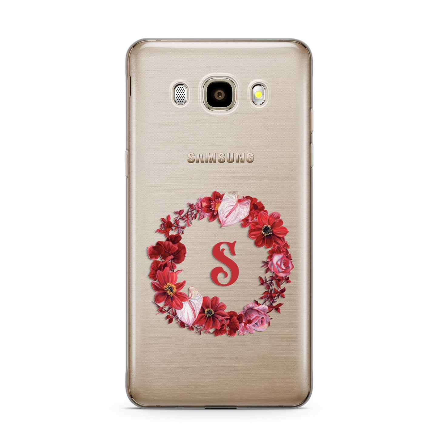 Personalised Initial Floral Wreath Samsung Galaxy J7 2016 Case on gold phone