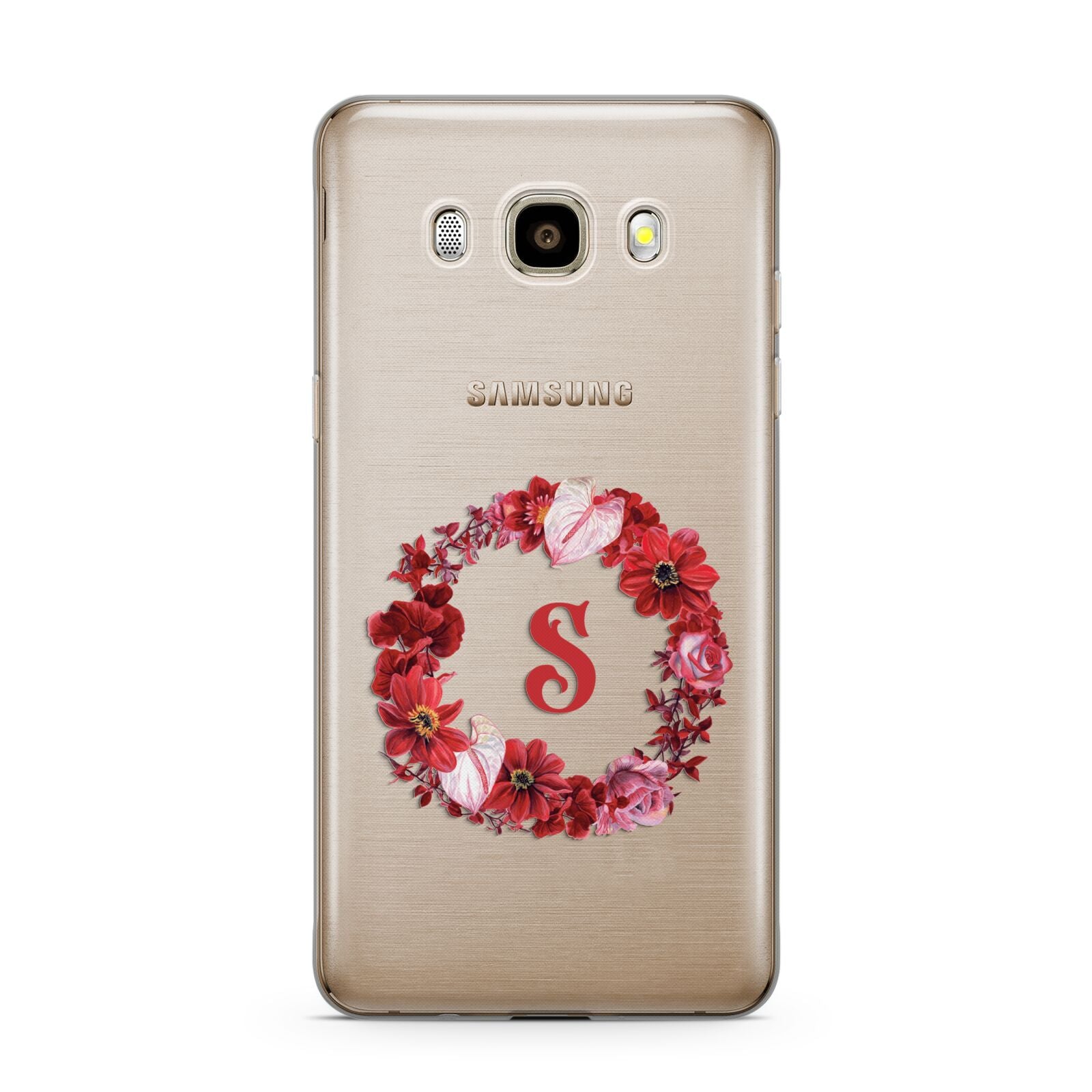 Personalised Initial Floral Wreath Samsung Galaxy J7 2016 Case on gold phone