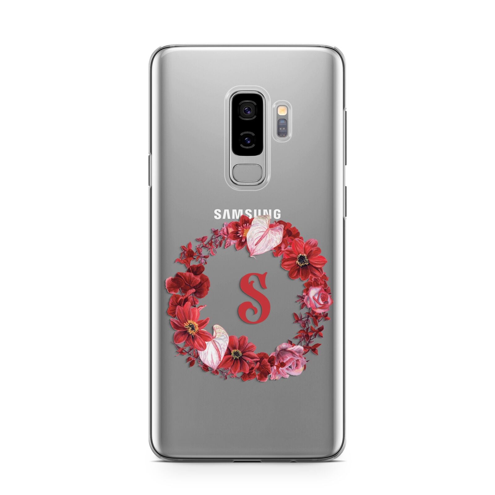 Personalised Initial Floral Wreath Samsung Galaxy S9 Plus Case on Silver phone