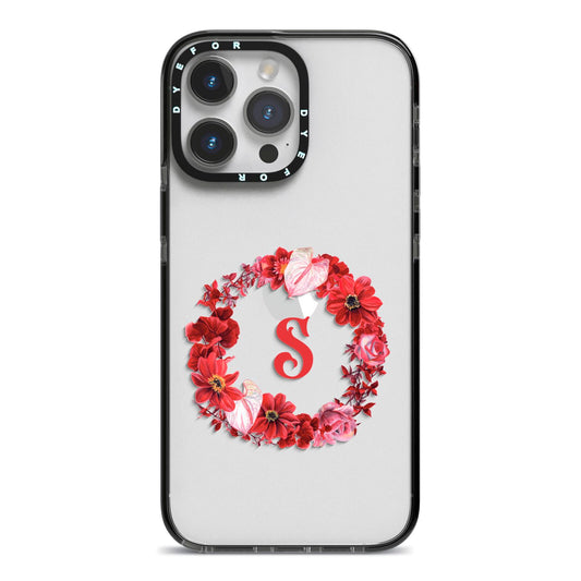Personalised Initial Floral Wreath iPhone 14 Pro Max Black Impact Case on Silver phone