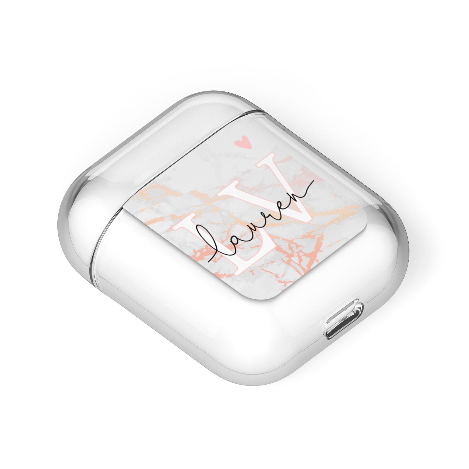 Personalised Initial Pink Marble AirPods Case Laid Flat