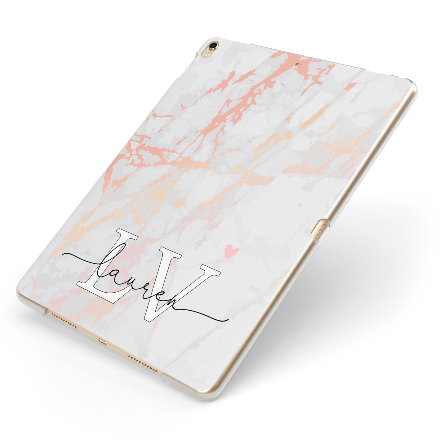 Personalised Initial Pink Marble Apple iPad Case on Gold iPad Side View